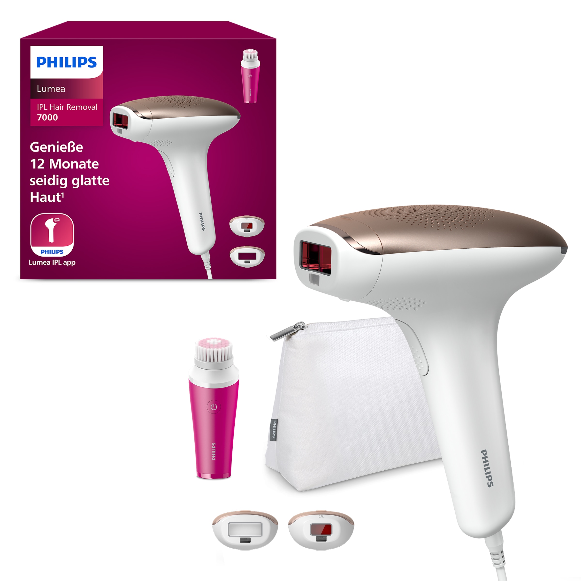 Image of Philips IPL-Haarentferner "Lumea S7000 BRI924/00" 250000 Lichtimpulse 2 Aufsätze (Körper und Gesicht), inkl. Visa Pure Mini-Gesichtsbürste