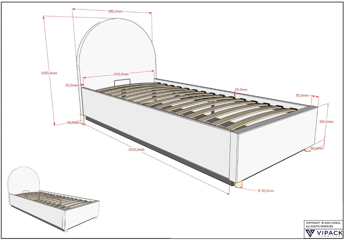 Vipack Boxbett »Moon, mit Lattenrost und Stauraum, modernes Design« gerundetes Kopfteil und in 2 Breiten erhältlich,  inkl. Massivholz Füssen in natur, 3 Stoff Farben zur Auswahl