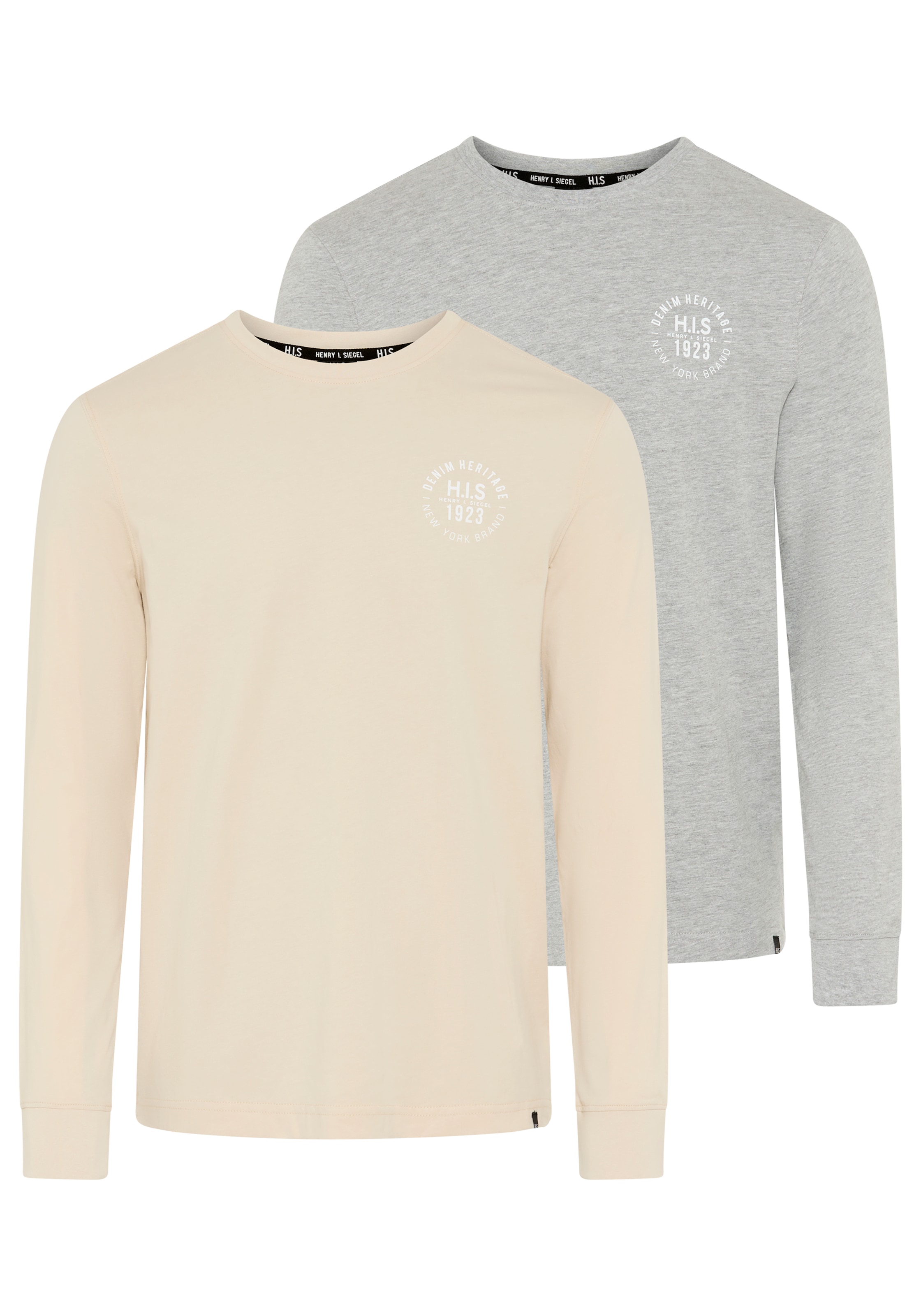 Image of H.I.S Langarmshirt Packung, 2er-Pack, 2 tlg. Langarm, bedruckt, Rundhalsausschnitt, aus 100% Baumwolle