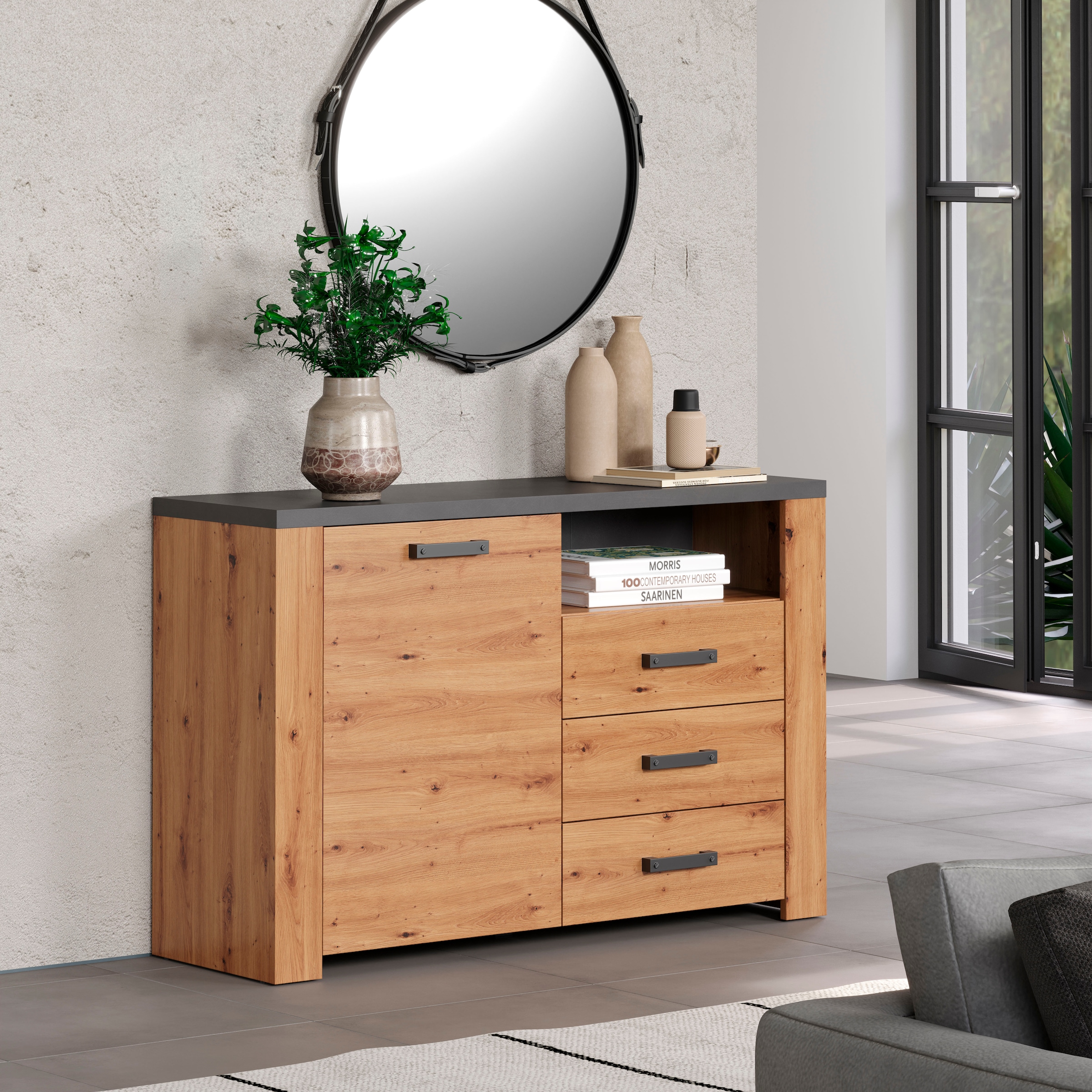 Home affaire Sideboard »Ambres«, (1 St.), Kommode, Echtholzoptik, Masse BxH: 127x83 cm, Eiche