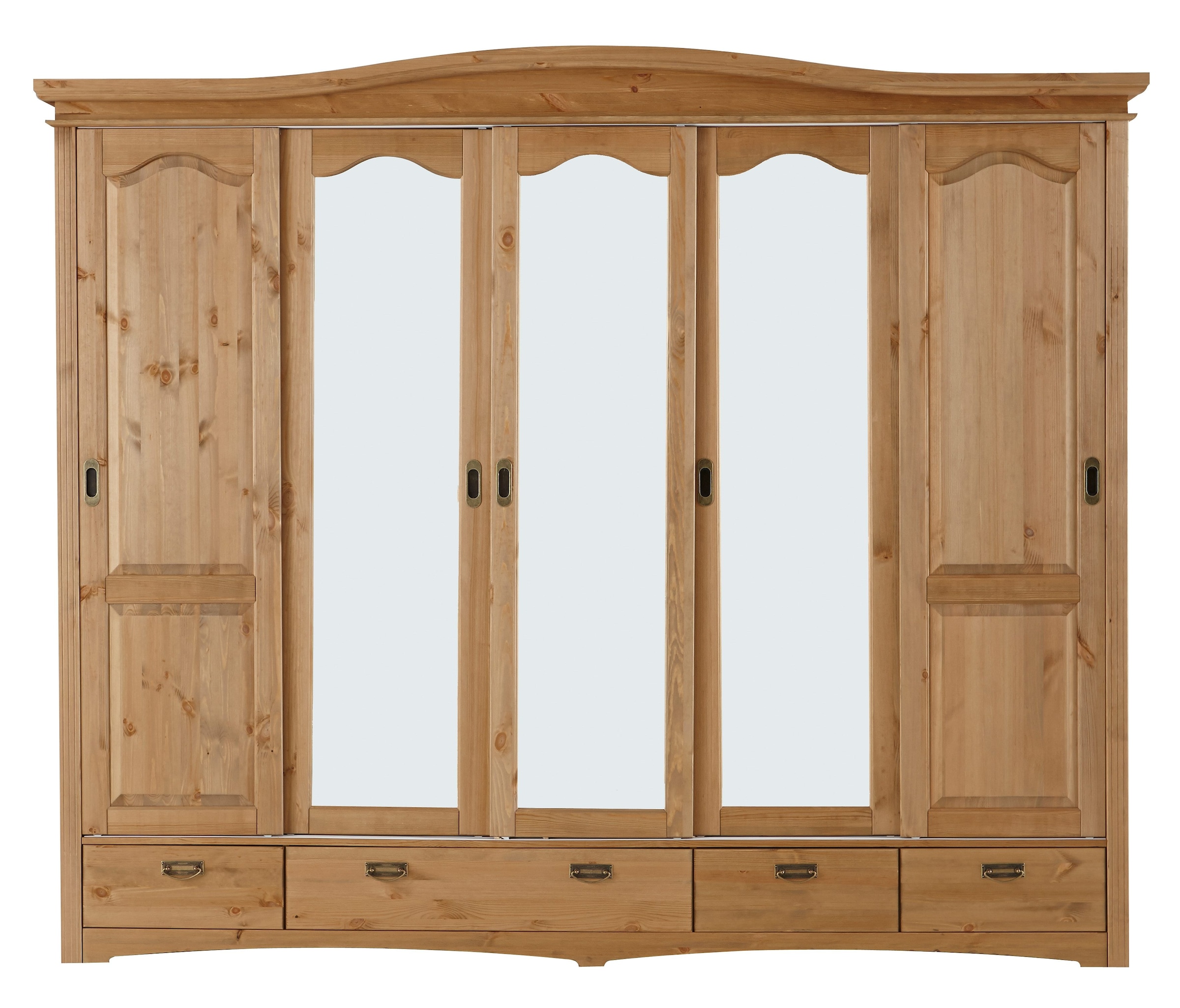 GOODproduct Schiebetürenschrank »Konrad, Landhausstil, rustikal, mit Schubladen + Spiegel, Kassetten« massive Kiefer, FSC®-zertifiziert, Messinggriffe