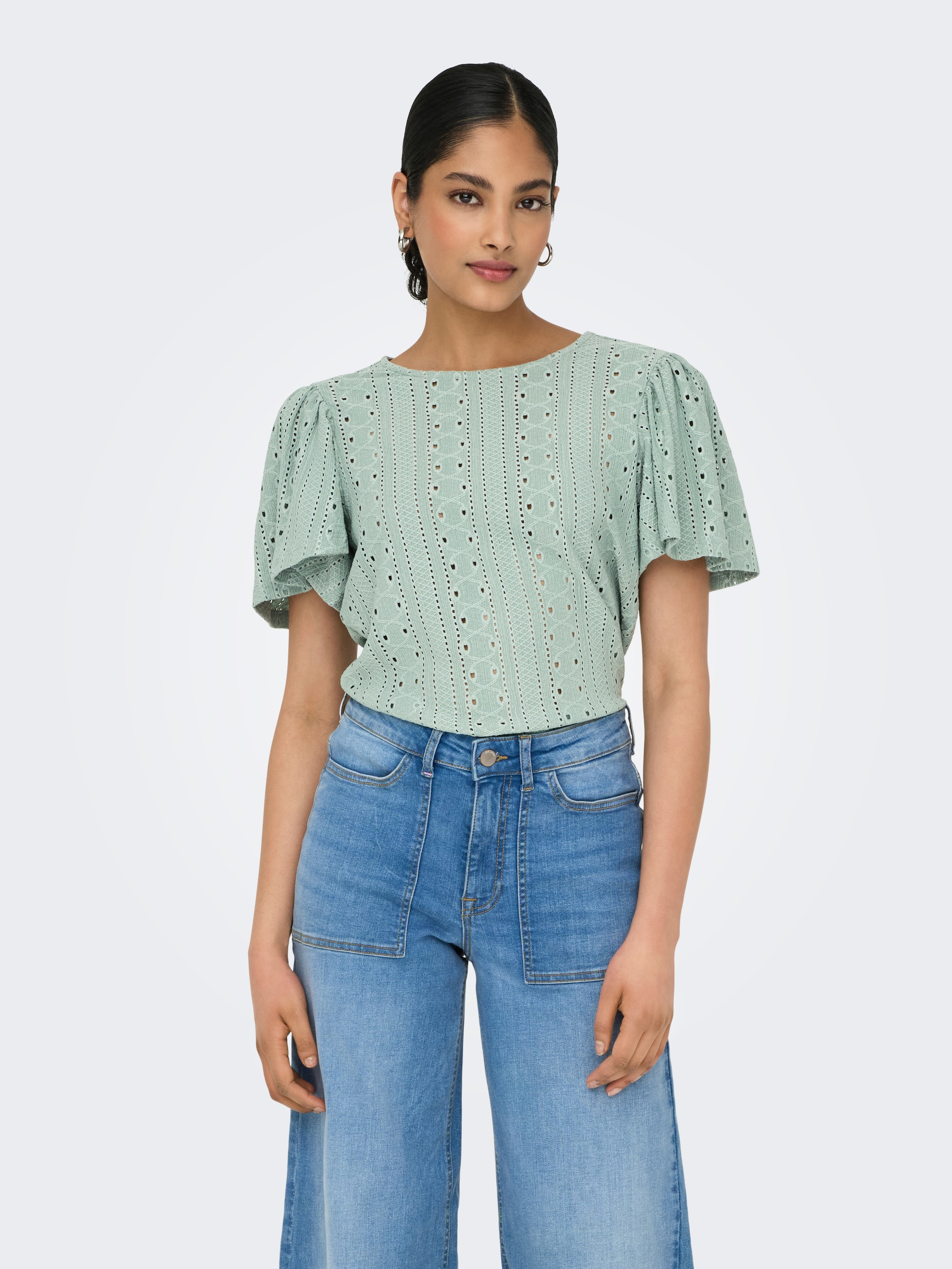 ONLY Kurzarmshirt »ONLRIVERSIDE – Shirt mit voluminösem Armschnitt für Alltag«, regular fit, modisch, Jersey, Materialmix, Rundhals