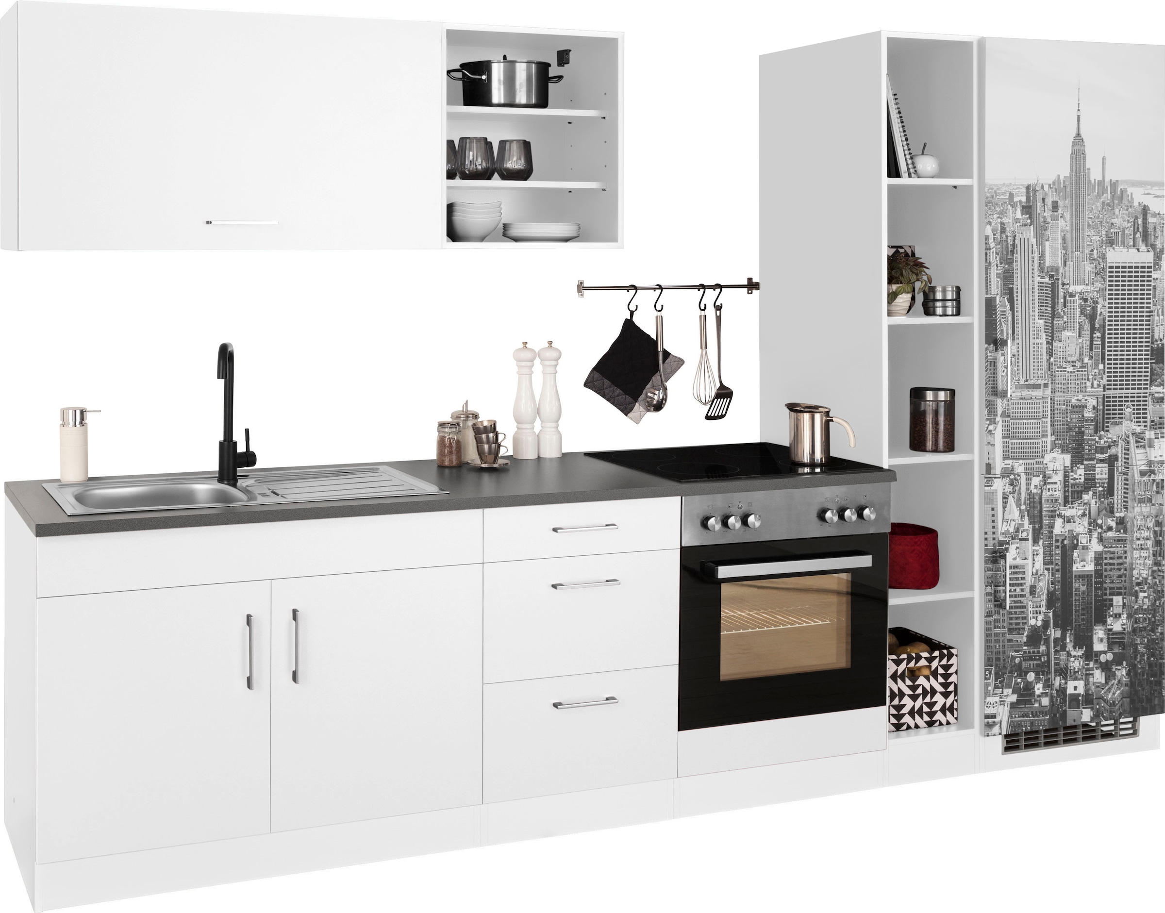 KOCHSTATION Kitchenette »KS-Paris â€“ Küchen mit einzigartigen Fotomotiven auf den Fronten« largeur 300 cm, au choix avec appareils électriques, avec impression décorative