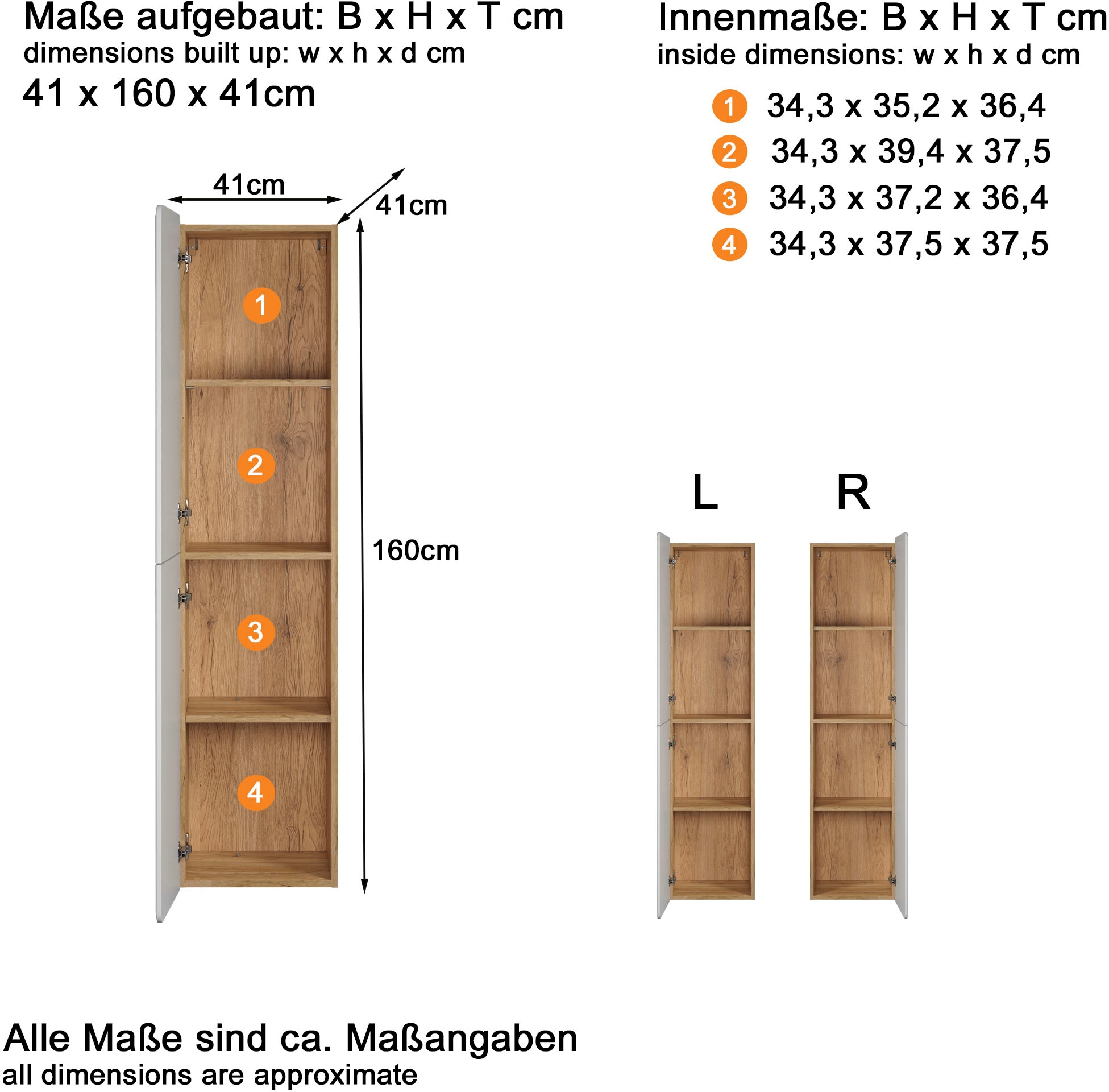 welltime Hängeschrank »Sanremo« 1 Stk. tlg. Hängehochschrank mit grifflosen Türen in Weiss - (B/T/H) 41/41/160 cm