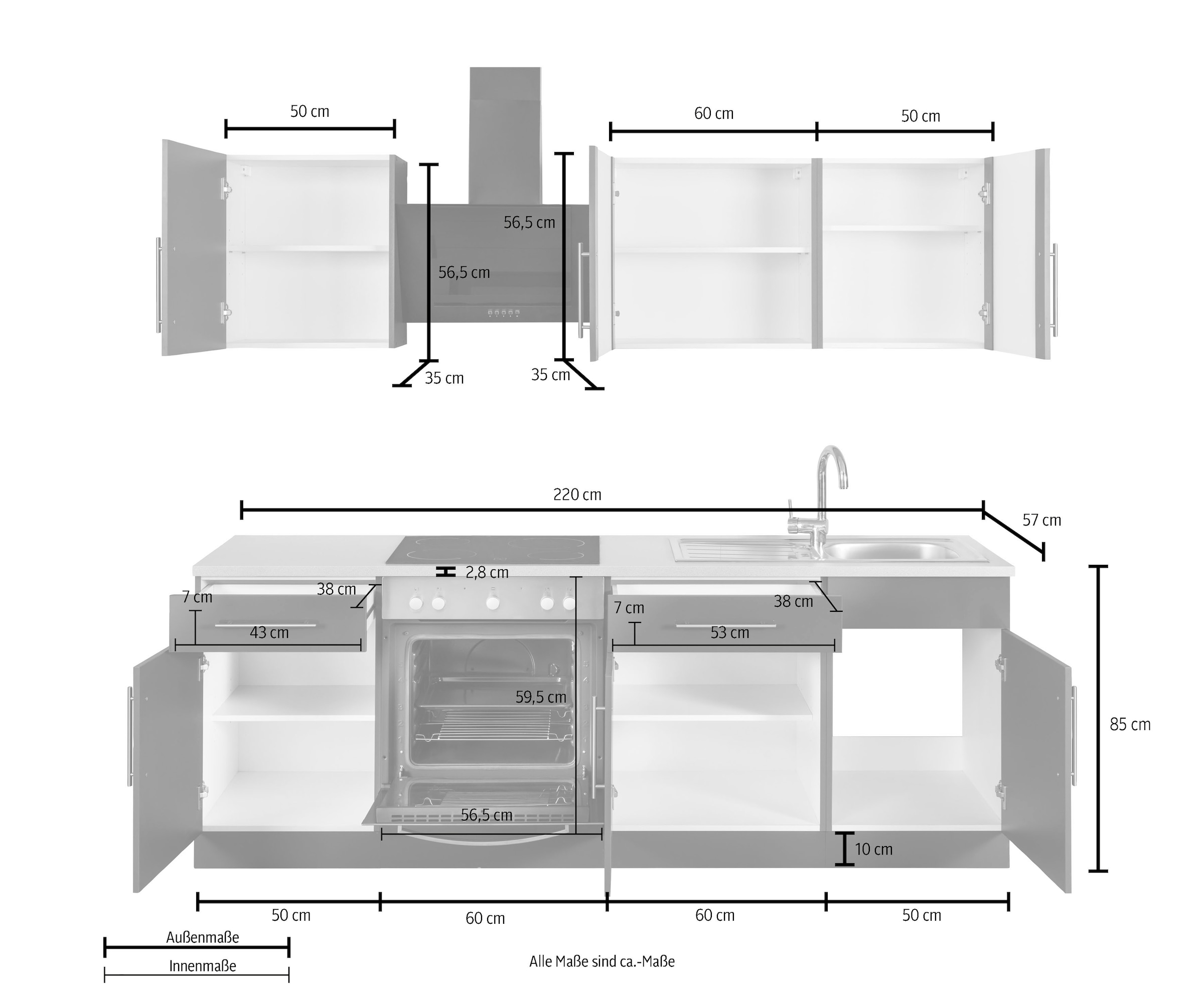 wiho Küchen Küchenzeile »Cali«, ohne E-Geräte, Breite 220 cm