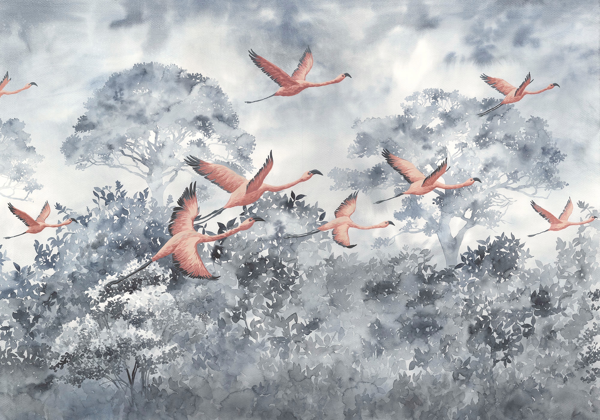 Image of Komar Vliestapete "Digitaldruck Vlies - Flamingos in the Sky - Grösse 400 x 280 cm" bedruckt glatt Wohnzimmer, Schlafzimmer