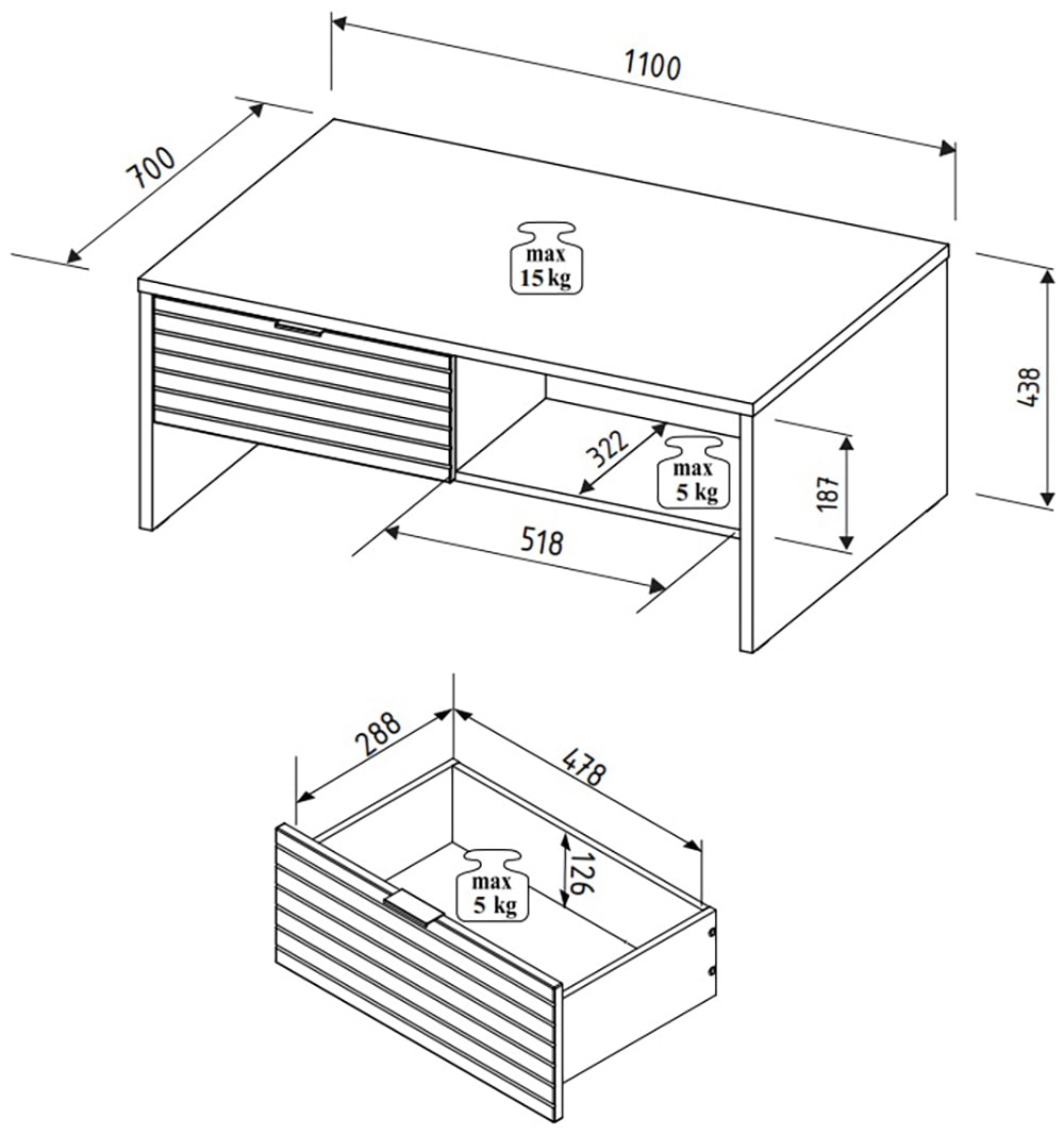 Innostyle Table basse »INA Couchtisch, 110 x 44 x 65 cm (B/H/T)« 1 cuis tlg. 2 tiroirs, 2 compartiments ouverts
