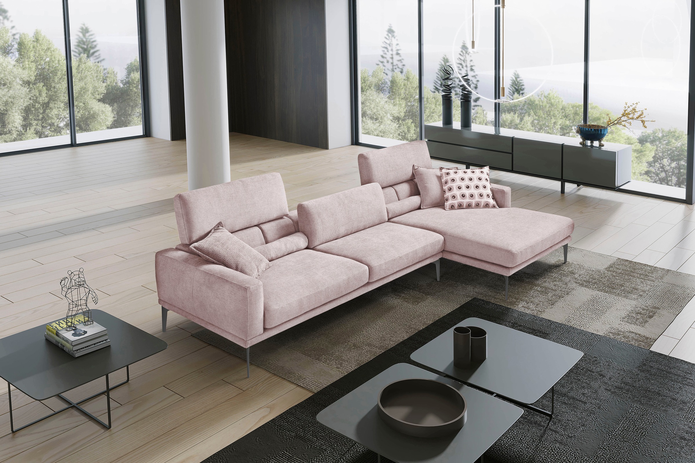 Egoitaliano Ecksofa »Masu, Design trifft sensationellen Sitzkomfort«, inkl. 2 Kissenrollen, Rückenelemente manuell verstellbar, Metallfüsse