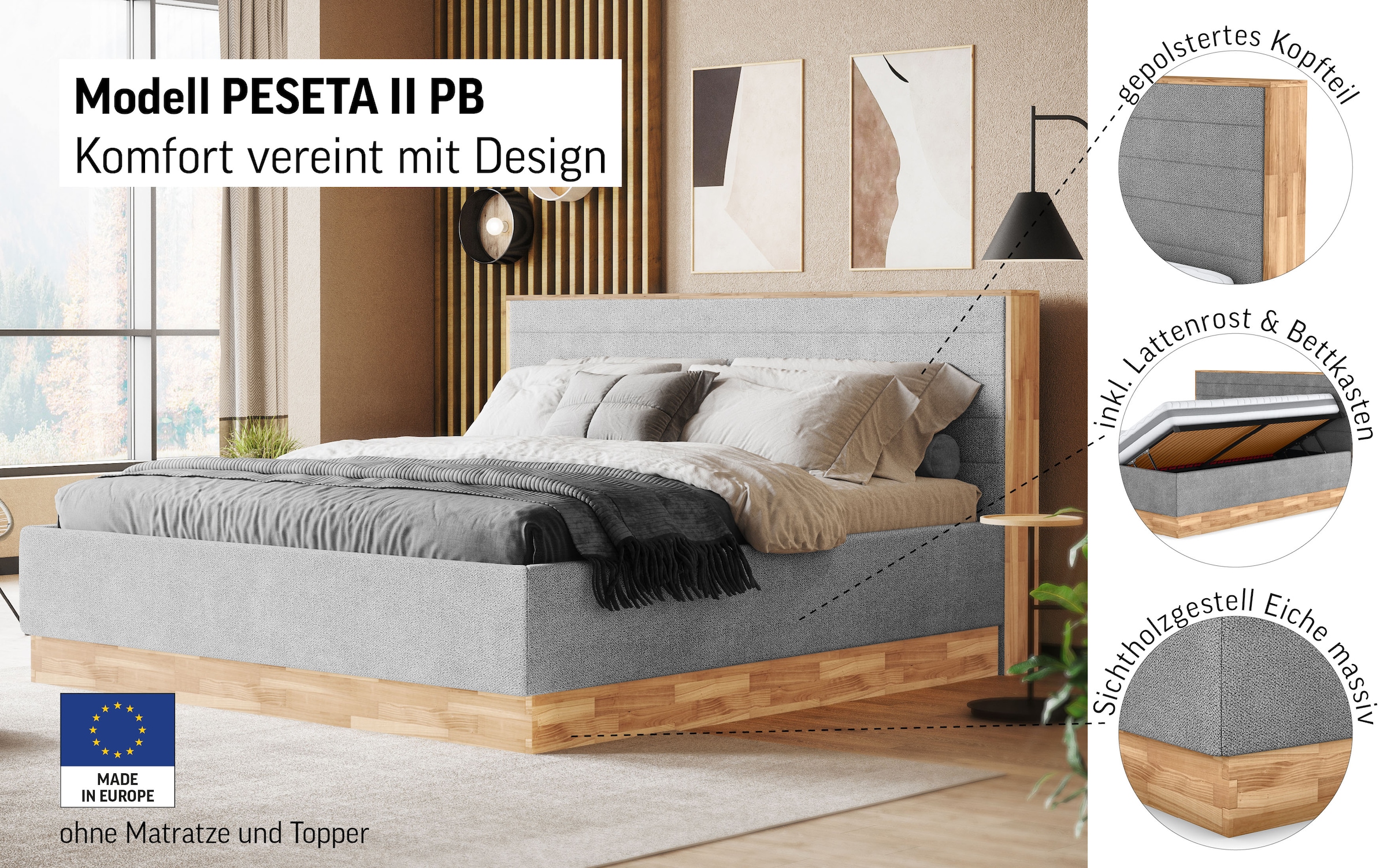 COTTA Polsterbett »PESETA inkl. Lattenrost und Stauraum, erhältlich in 160cm & 180cm« mit Echtholzleiste und gepolstertem Kopfteil
