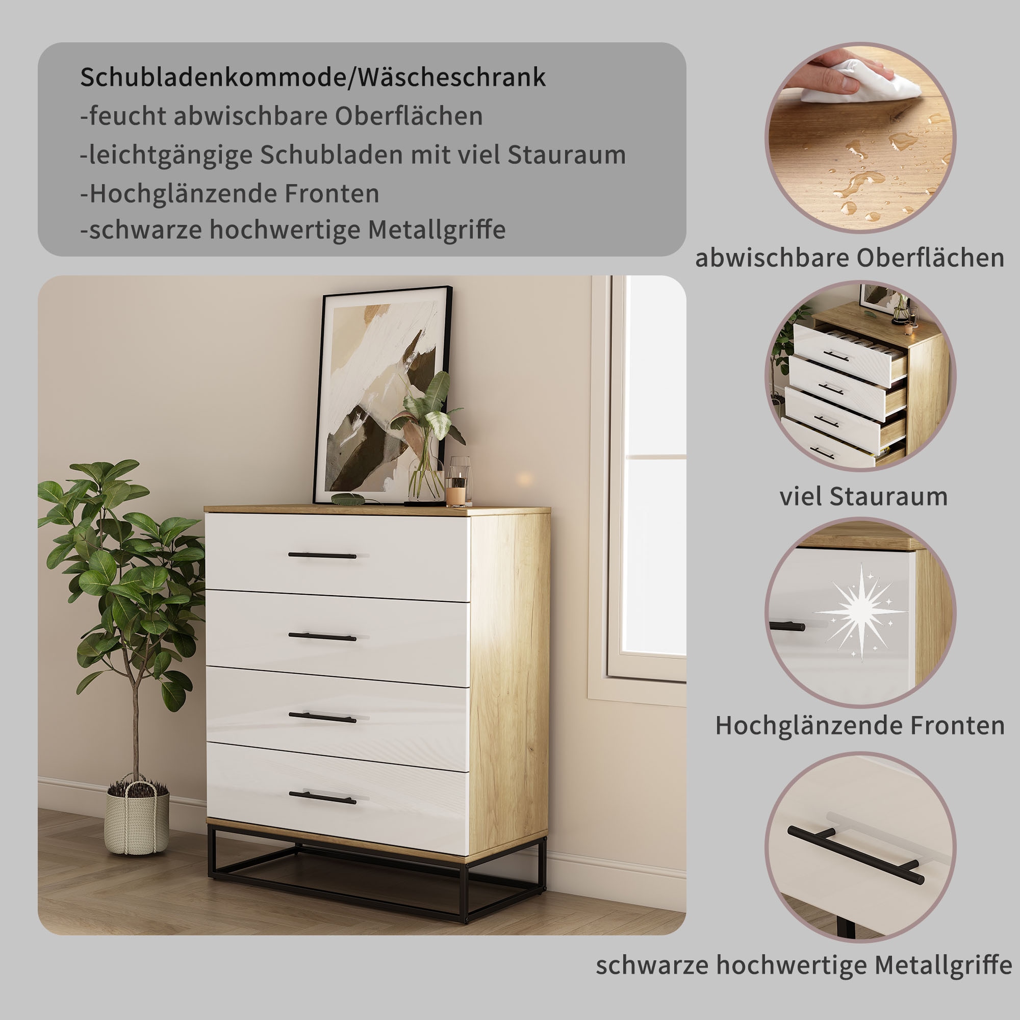 GOODproduct Schubkastenkommode »Lucca Sideboard mit schwarzen Griffen 4 Schubladen Kufengestell« Hochwertige Hochglanzfronten in weiss, 