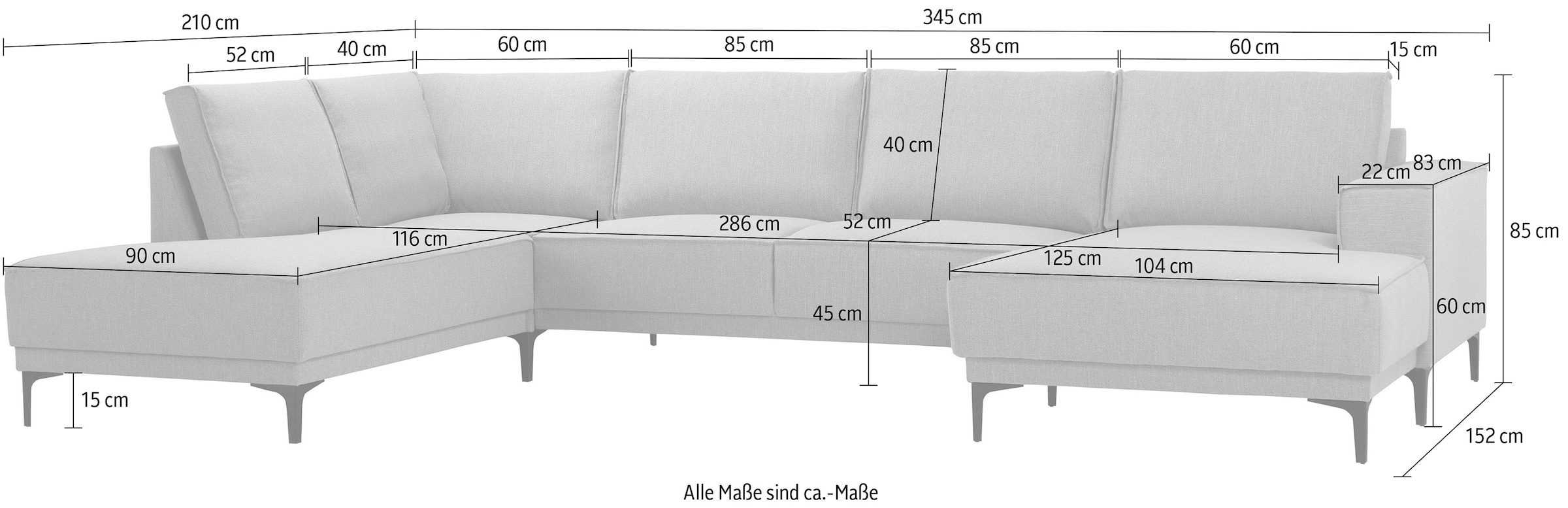 Places of Style Wohnlandschaft »XXL Sofa Oland, Struktur, Flachgewebe, Luxus-Microfaser, Boucle«, U-Form, 345 cm, Wellenunterfederung, Skandi-Design, Metallfüsse