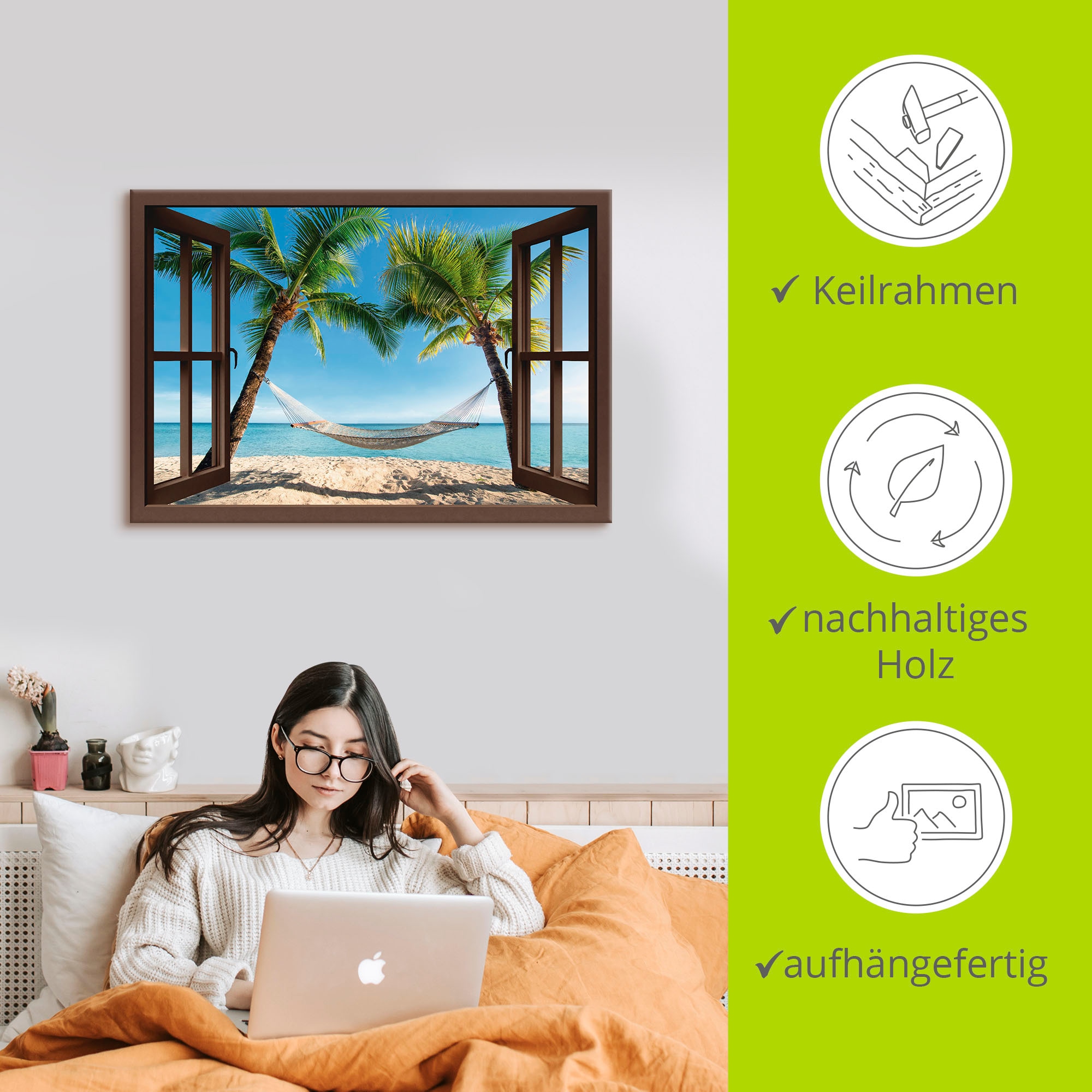 Artland Tableau sur toile »Fensterblick Palmenstrand Karibik« 1 cuis tlg. auf Holzrahmen gespannt