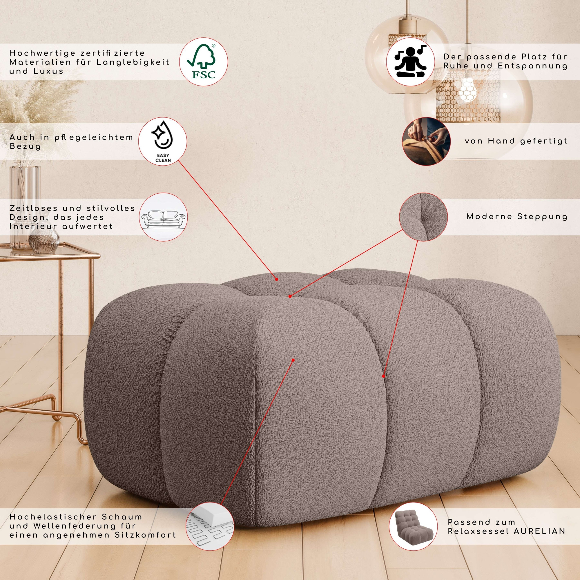 Home affaire Polsterhocker »AURELIAN, passend zum Sessel, Masse B/T/H: 88,5/53/43 cm«, mit Wellenunterfederung, in verschiedenen Materialien und Farben