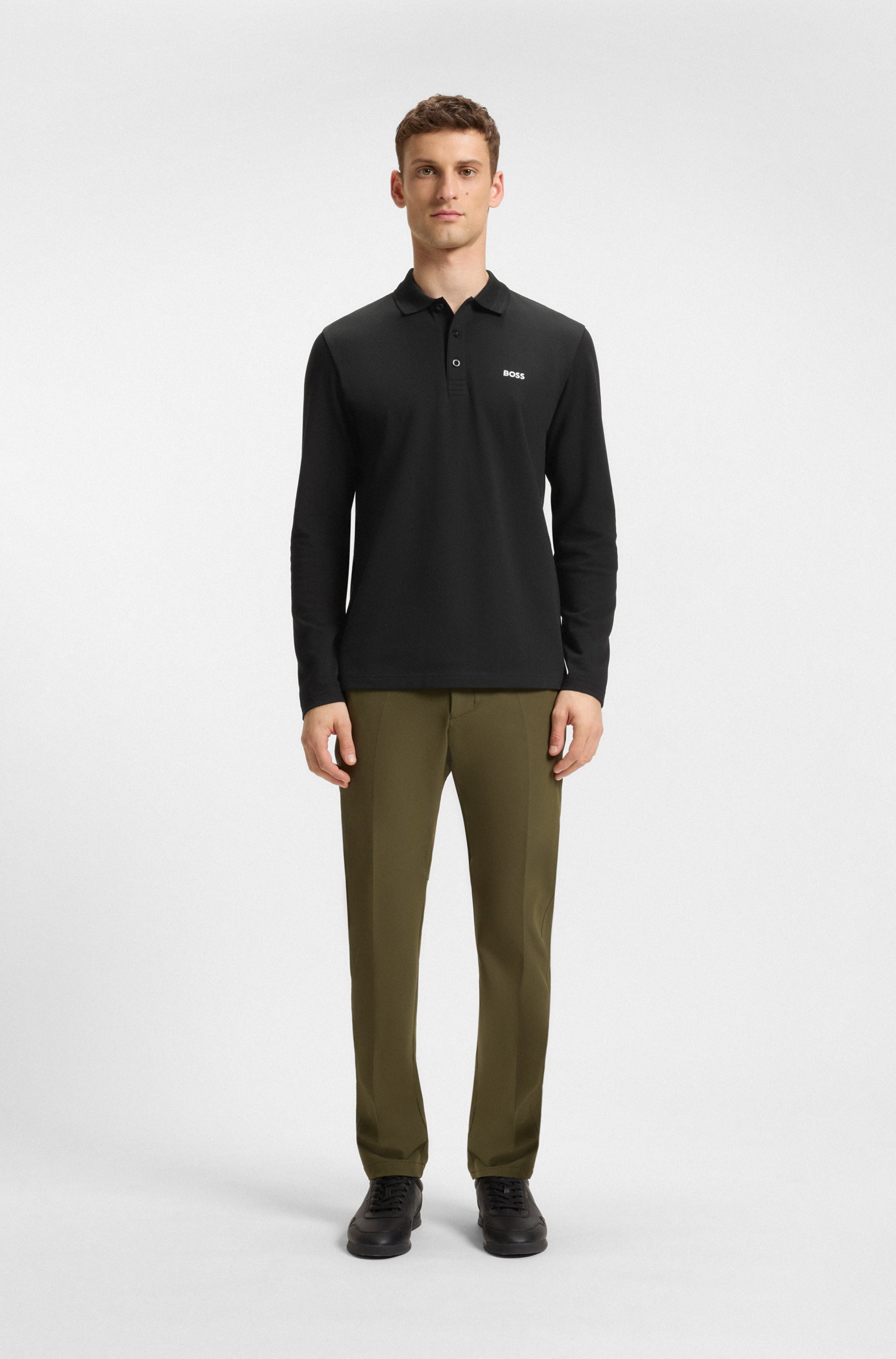 BOSS GREEN Langarm-Poloshirt »Plisy«, mit Streifen am Kragen