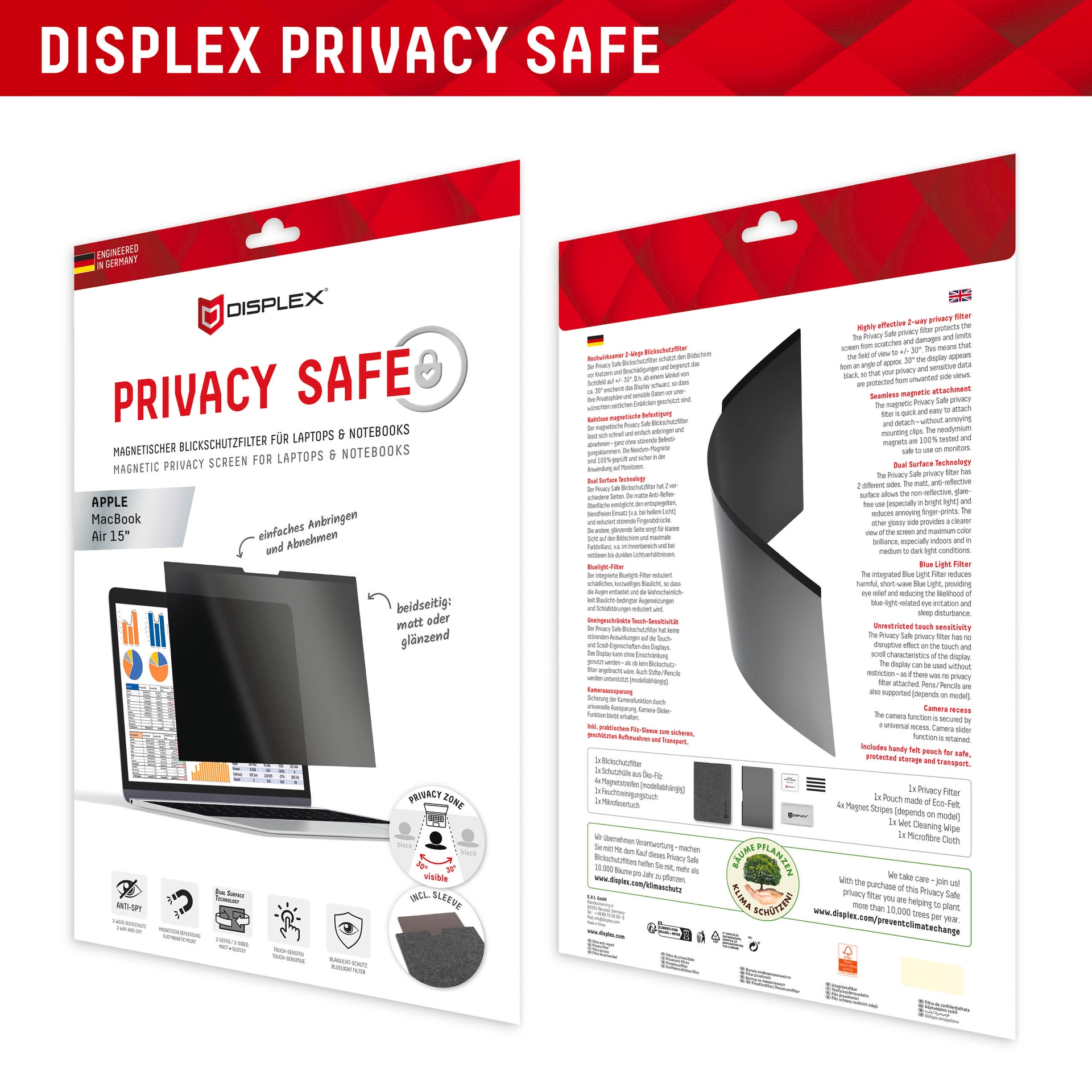 Displex Displayschutzfolie »Privacy Safe Blickschutzfilter« für Apple MacBook Air 15 Blickschutzfolie