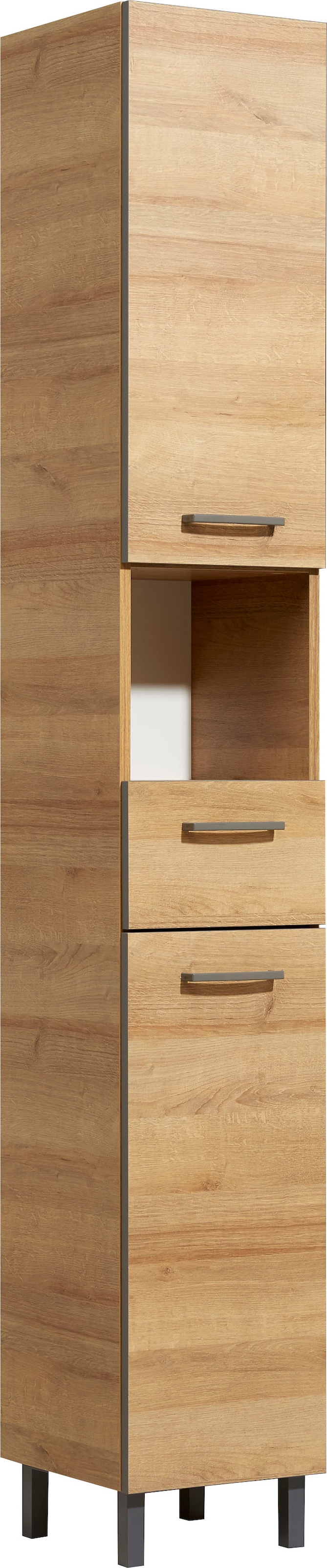 Image of Saphir Hochschrank "Quickset 919 Badschrank, 30 cm breit, 2 Türen, Nische, 1 Schublade" Badezimmer-Hochschrank inkl. Türdämpfer, Griffe in Grau