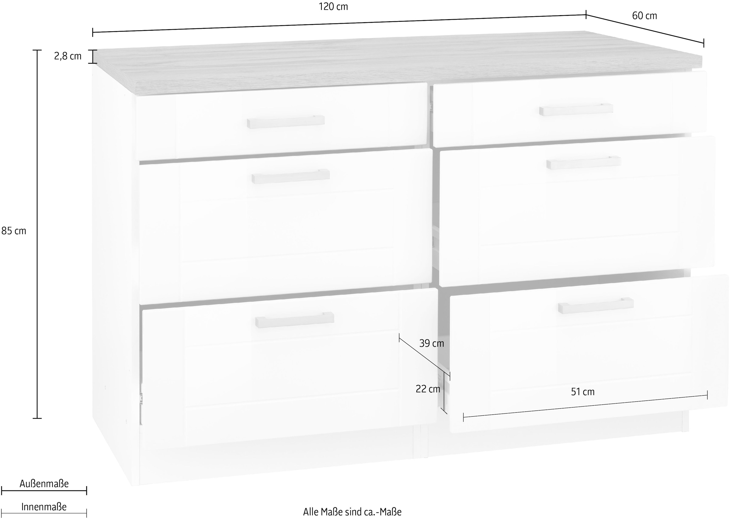 KOCHSTATION Armoire basse »KS-Tinnum« 120 cm de large, poignées métal, façades MDF, avec 2 tiroirs