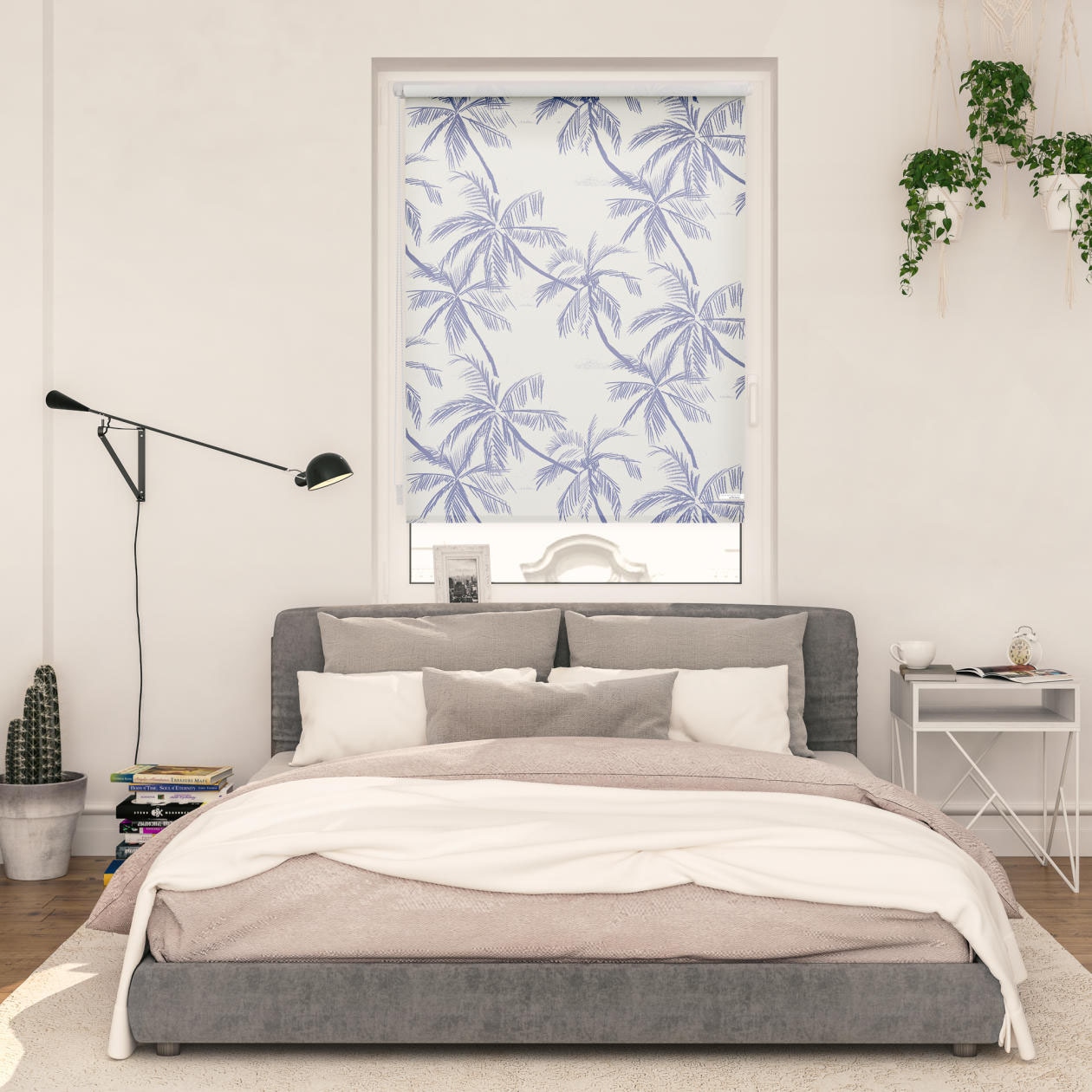 Image of LICHTBLICK ORIGINAL Seitenzugrollo "Rollo Klemmfix, ohne Bohren, blickdicht, Blueprint Palms - Blau" blickdicht Blendschutz Sichtschutz freihängend