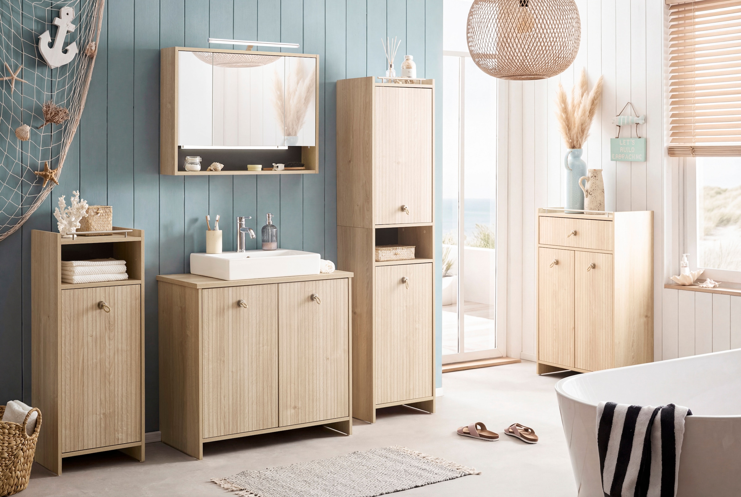 Schildmeyer Armoire intermédiaire »SONDERBY, 1 Tür & 1 offenes Fach, Höhe 104,2 cm, MADE IN GERMANY« 1 cuis tlg. poignées en corde dans un style maritime, FABRIQUÉ EN ALLEMAGNE