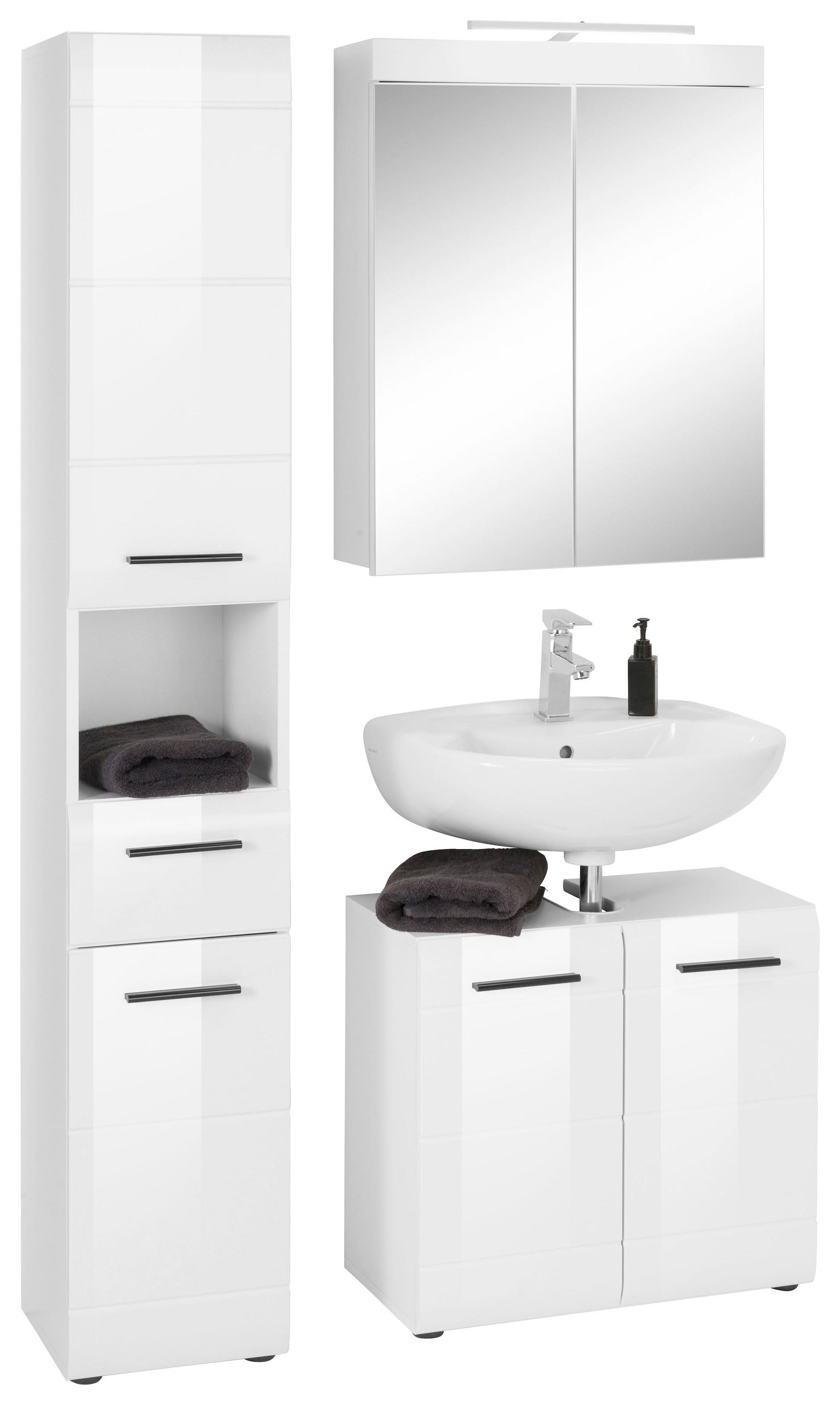 INOSIGN Badmöbel-Set »Sovana«, (Set, 3 St.), Spiegelschrank mit  LED-Beleuchtung, Hochschrank und Waschbeckenschrank Découvrir sur