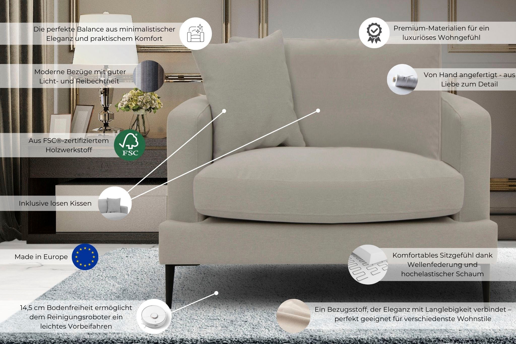 Home affaire Sessel »Cozy Loungesessel, Designersessel, Masse B/T/H: 91/97/80 cm« mit Metallbeinen und Zierkissen