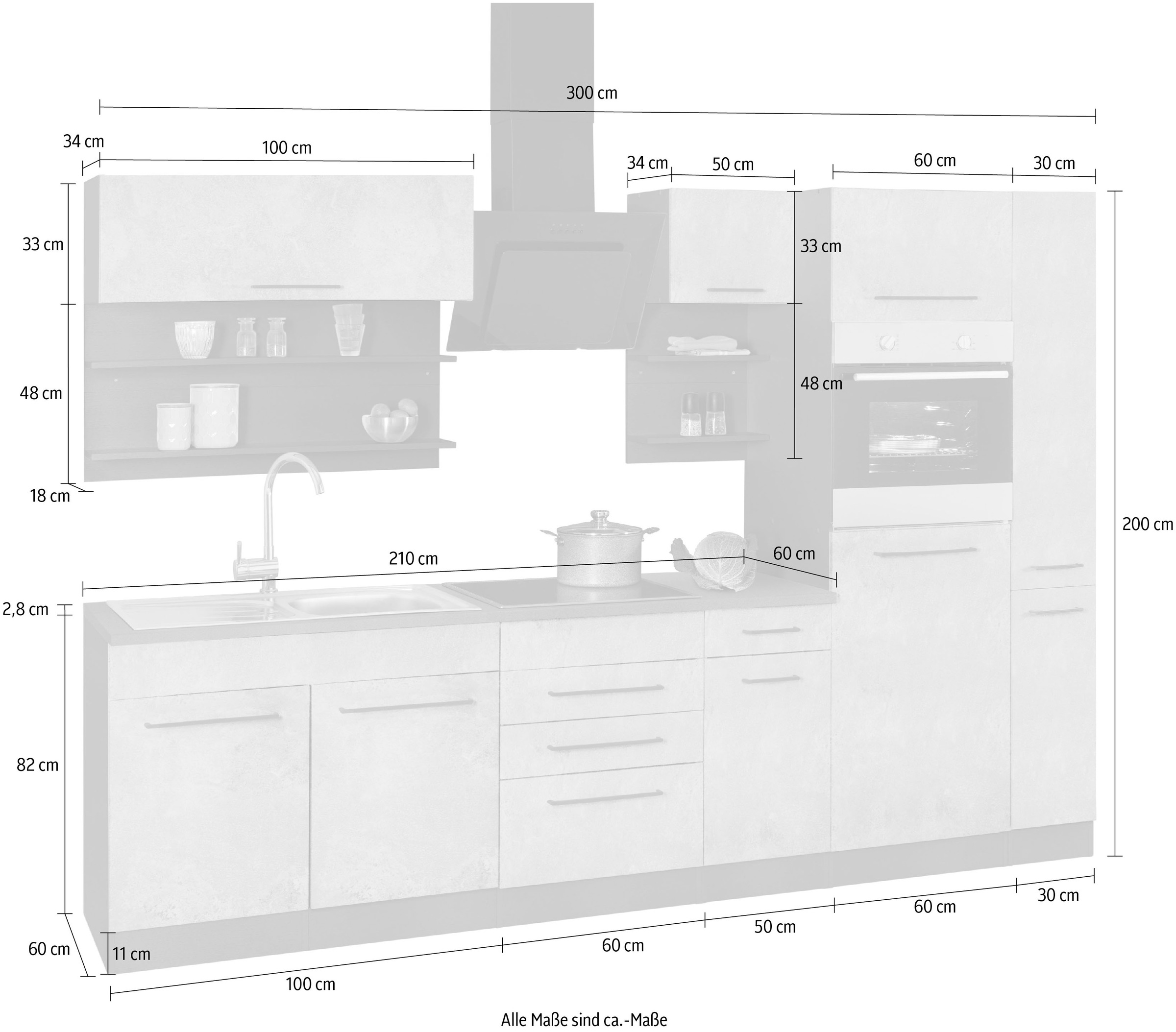 KOCHSTATION Kitchenette »KS-Tulsa« sans appareils électriques, largeur 300 cm, poignées métal noires, façades MDF