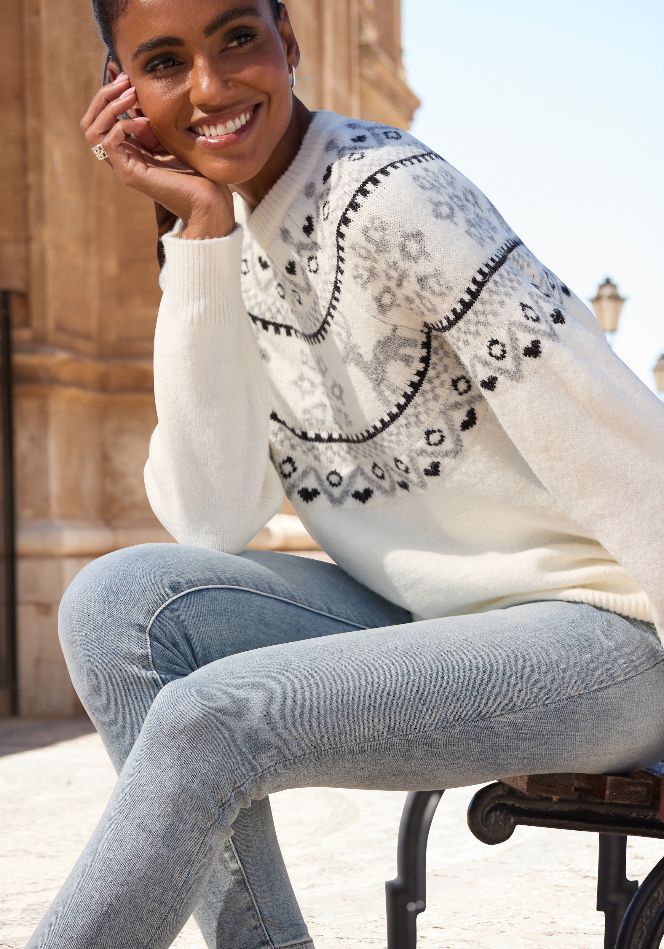 LASCANA Pull norvégien aus weichem Strick, Weihnachtspullover, Strickpullover mit Wintermotiv