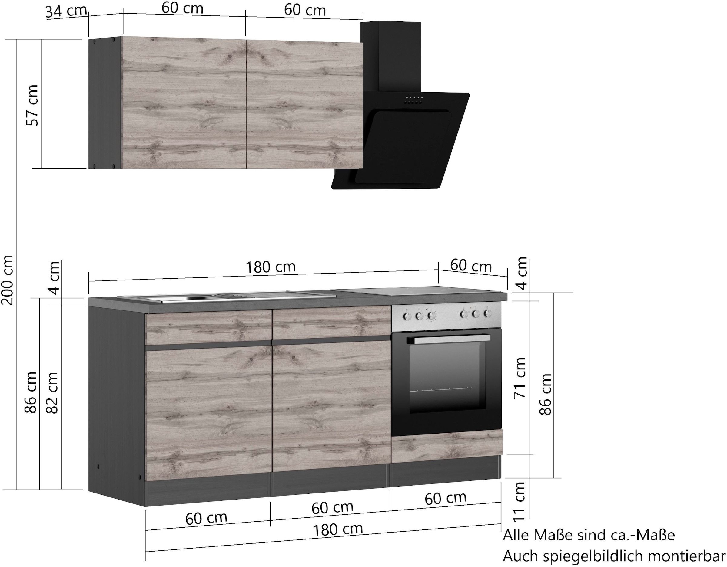 KOCHSTATION Kitchenette »KS-Riesa« largeur d’installation 180 cm, avec ou sans appareils électriques au choix