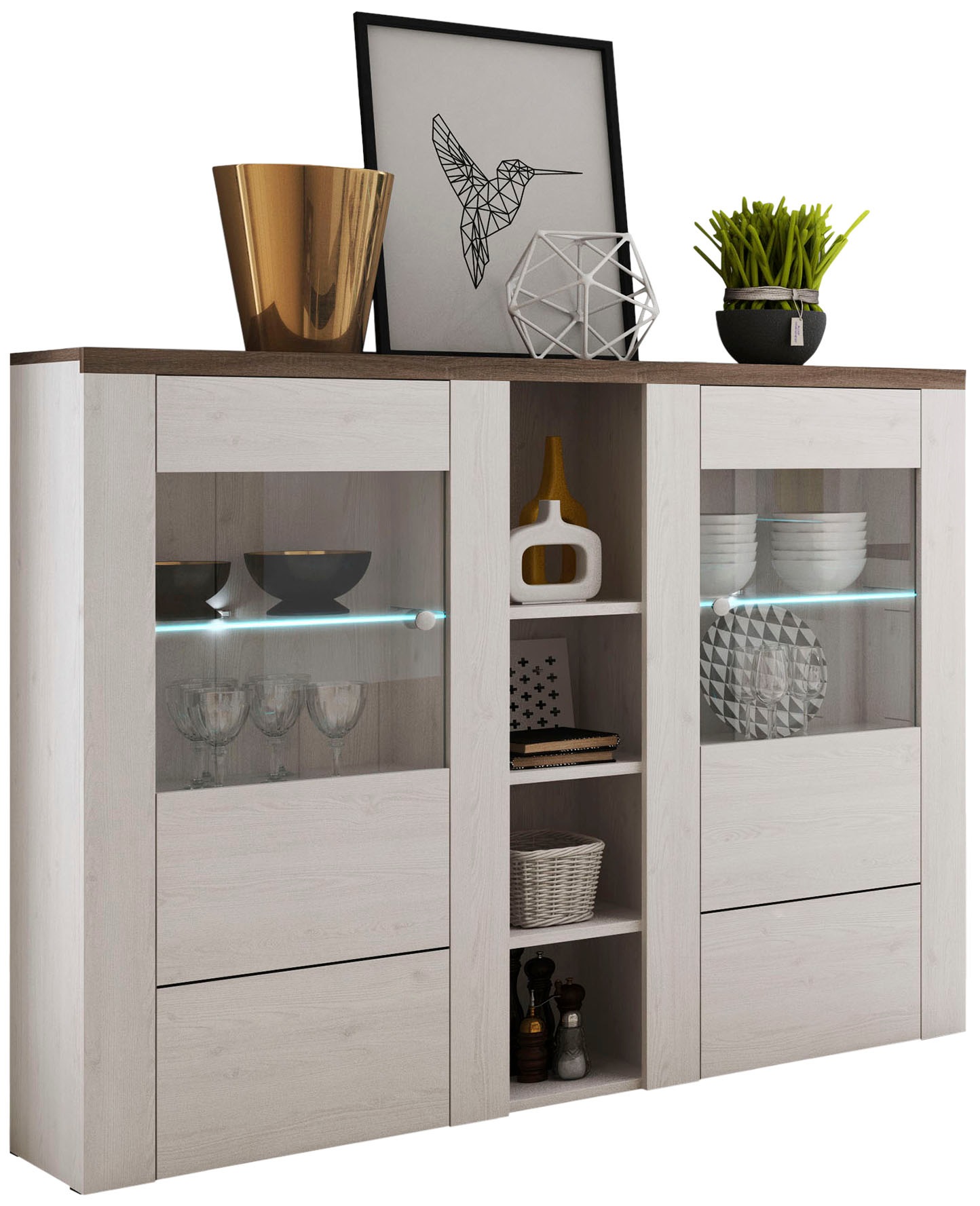 Image of GOODproduct Highboard "Larona, zeitlose Hochkommode mit 2 Türen, Türkommode, Höhe 129,5 cm," Anrichte mit dekorative Rahmenoptik, Türen mit Glaseinsatz