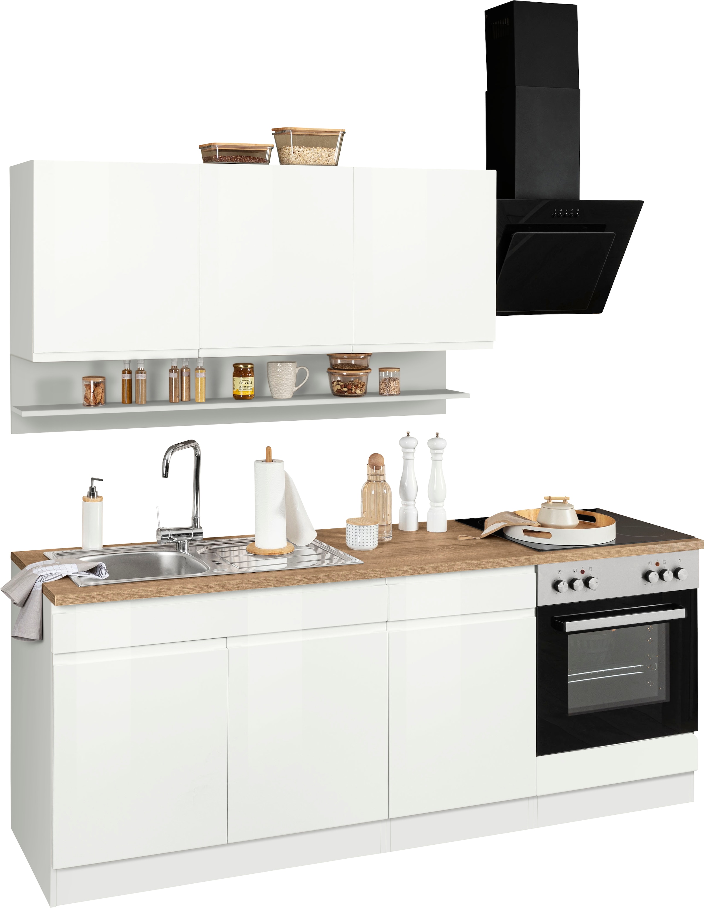 KOCHSTATION Küchenzeile »KS-Virginia,neu in verbesserter Ausführung« Arbeitsplatte 38 mm stark, Stauraum, Softclose,  Breite 210 cm,Soft-Close,wahlweise mit E-Geräten