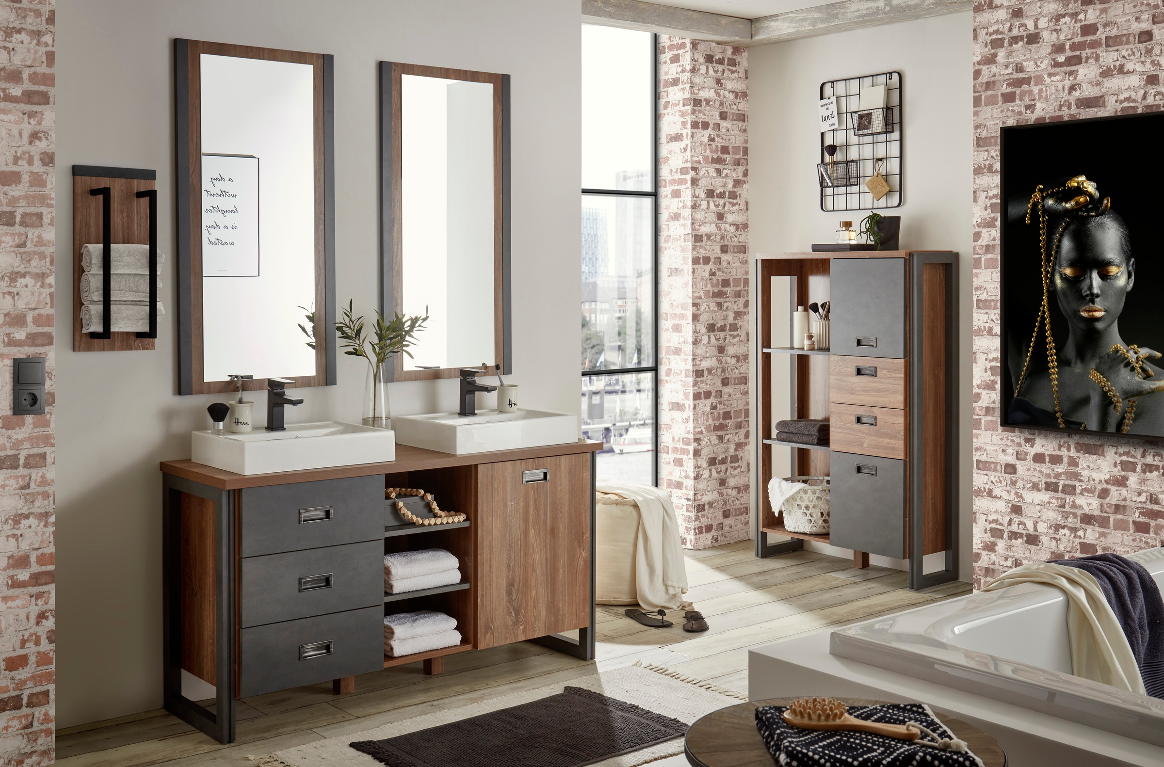 Home affaire Badmöbel-Set »Detroit, Bad im Industrialdesign, 3-teiliges Badezimmer«, (Set, 4 St.), Waschtisch, Highboard, Spiegel, inkl. 2 Mineralguss-Aufsatzwaschbecken