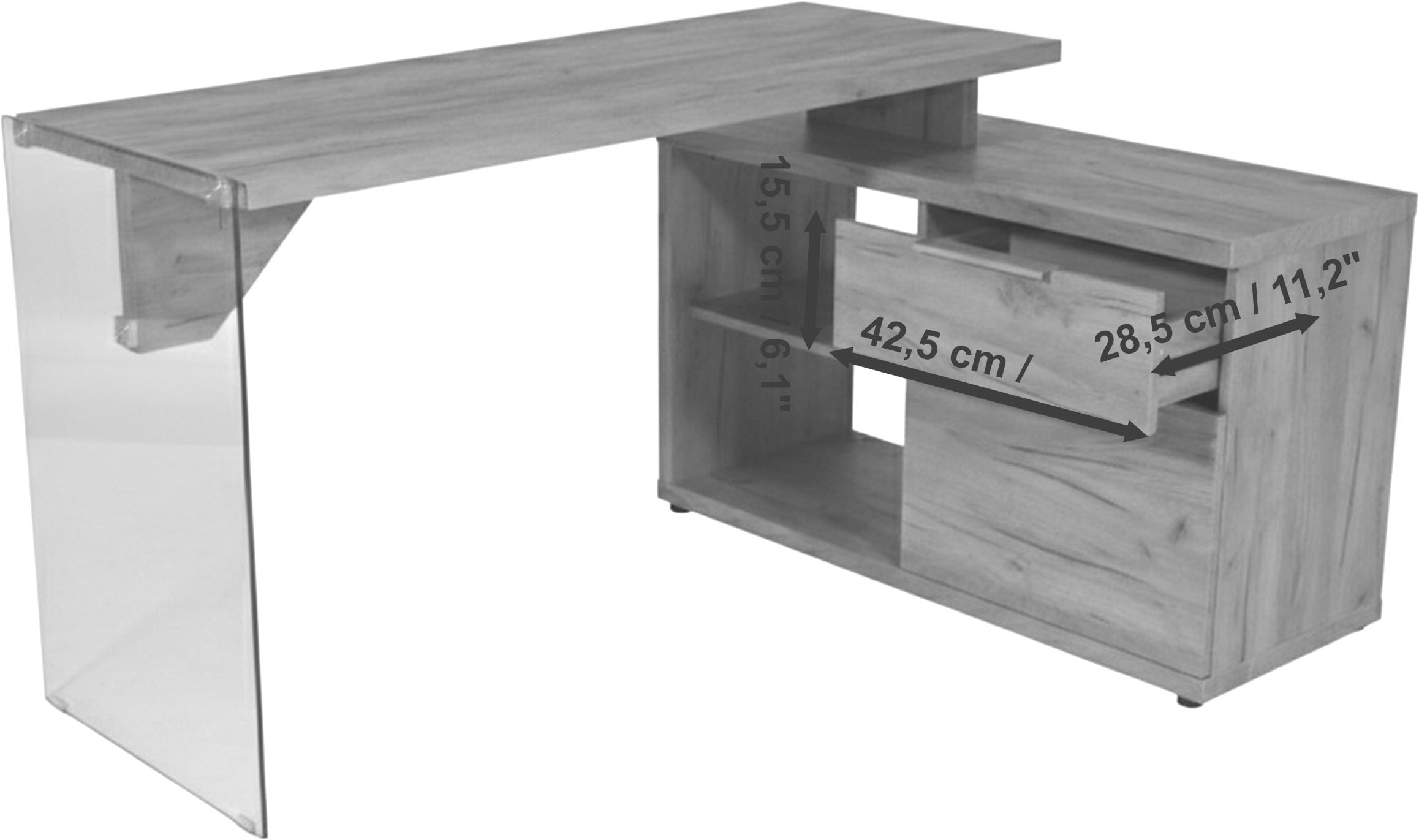 Jahnke Bureau d'angle »LUX C 135 E« bureau d'angle, montage réversible, verre, 1 tiroir et 2 compartiments