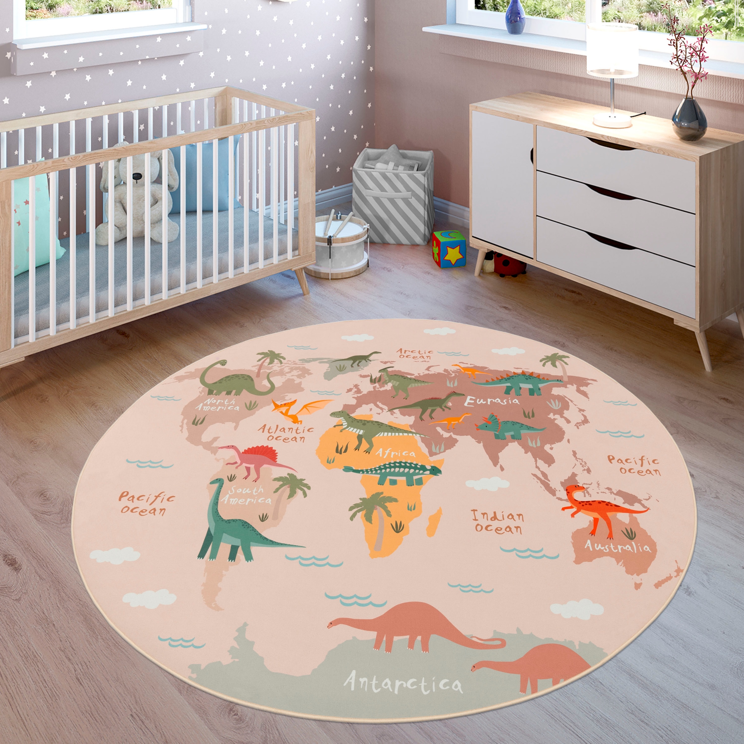 Image of Paco Home Kinderteppich "Bino 583" rund 4 mm Höhe Spielteppich, Motiv Weltkarte & Dinosaurier, Kinderzimmer
