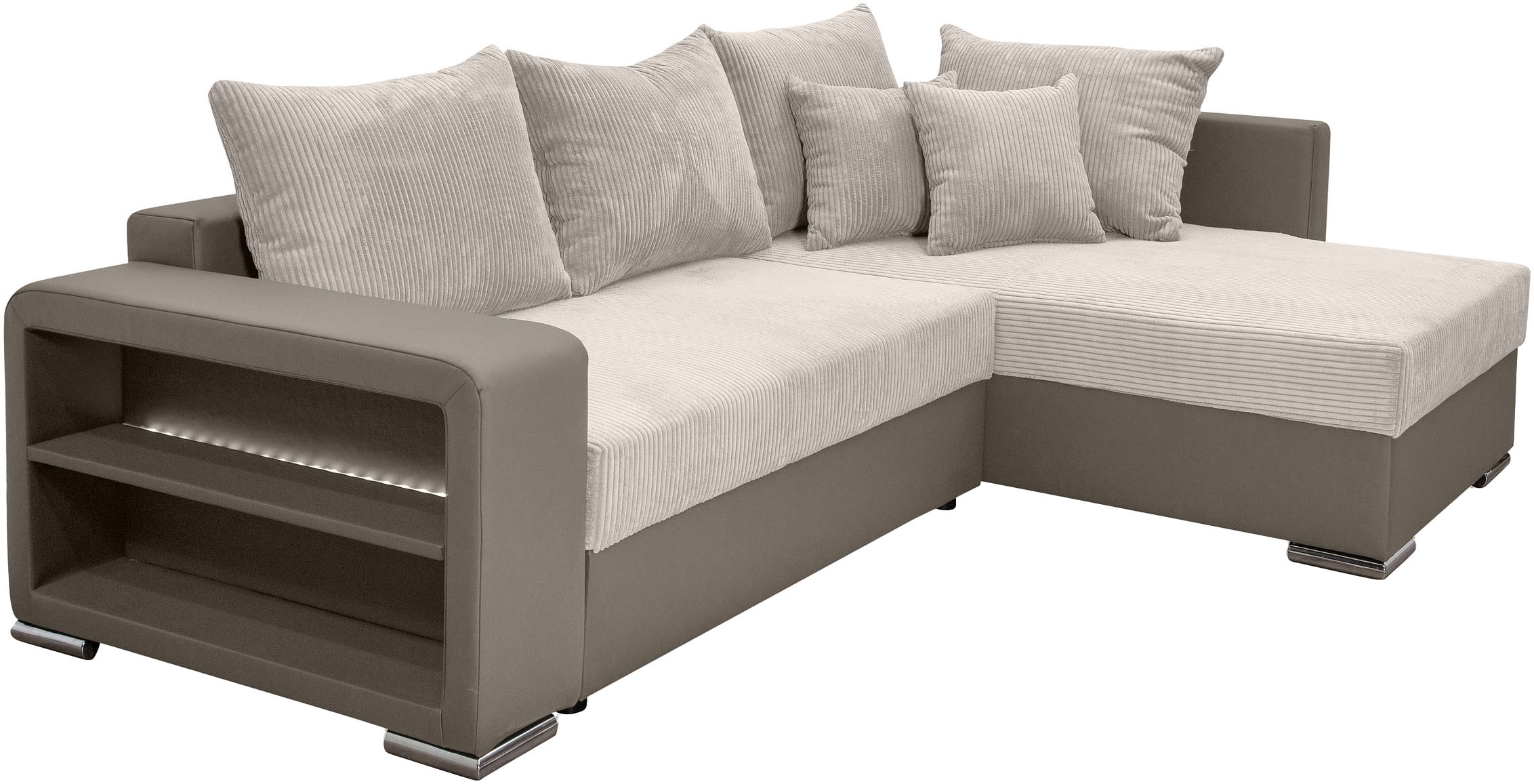 COLLECTION AB Ecksofa »John L-Form, B: 226 cm« Bettfunktion, Bettkasten, Regalelement, Licht & 2 Zierkissen