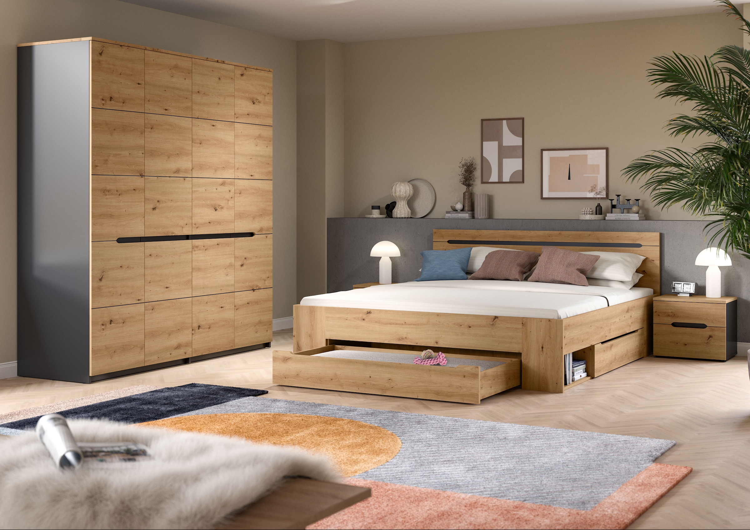 Home affaire Schlafzimmer-Set »REHAT, 4-teilig, best. aus: Bett, Kleiderschrank & 2x Nachtkommode« TOPSELLER!, für Matratzengrösse 140x200 cm, viel Stauraum, 