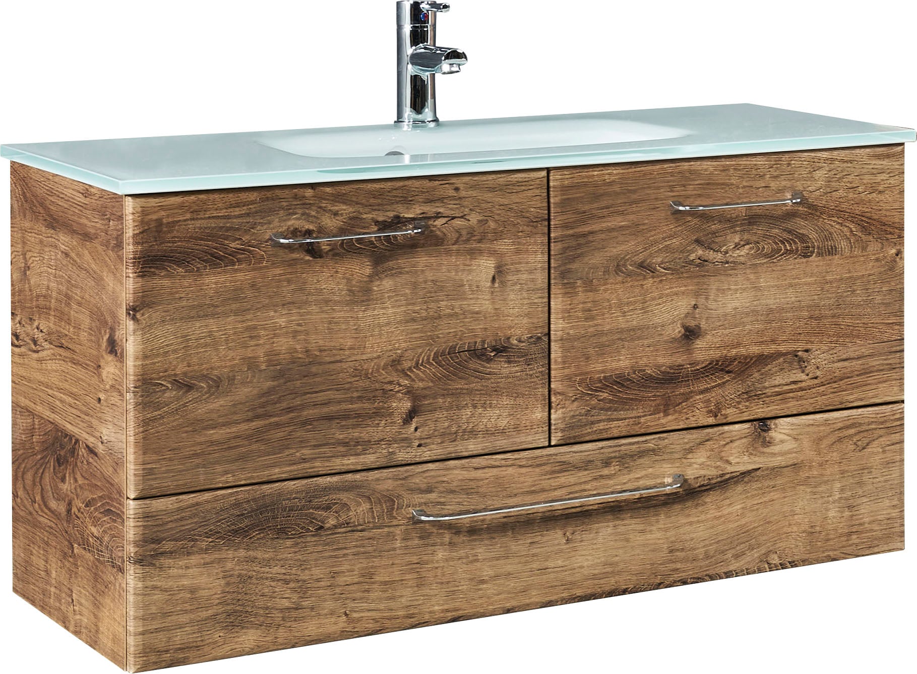 Saphir Waschtisch »Quickset Glaswaschtisch mit Unterschrank, 99 cm breit, Waschplatz« Griffe in Chrom Glanz, inkl. Türdämpfer, 2 Türen, 1 Schublade