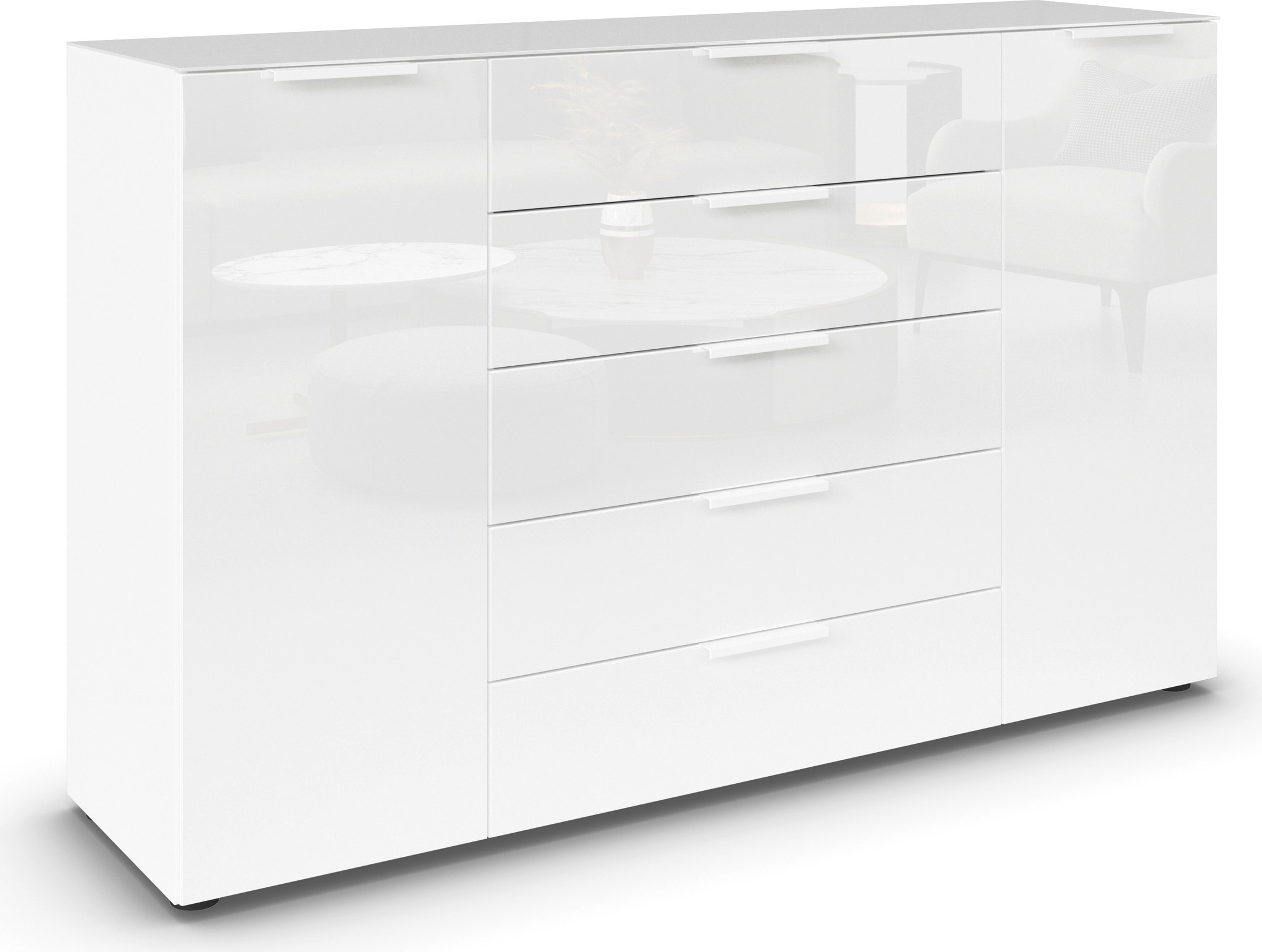 rauch Schubkastenkommode »Kommode Türkommode Sideboard Kombikommode FLIPP mit Glasfront« Breite 160/180 cm mit 4 Einlegeböden,  2-türig, 5 Schubladen, Soft-Close, Oberboden und Front Glas, 2 Breiten