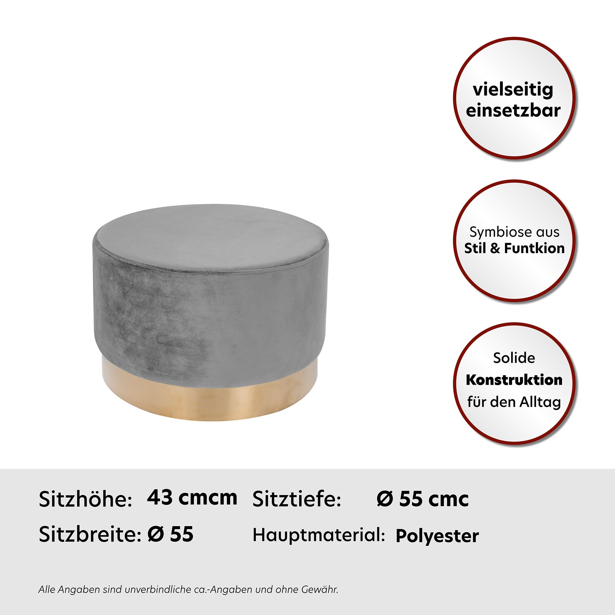 Kayoom Hocker »Nano 510, Hocker in stilvollem Design,weiche Schaumstoff-Sitzfläche«, (1 St.), Golz Akzente, mit pflegeleichtem Stoffbezug, grosse runde Form