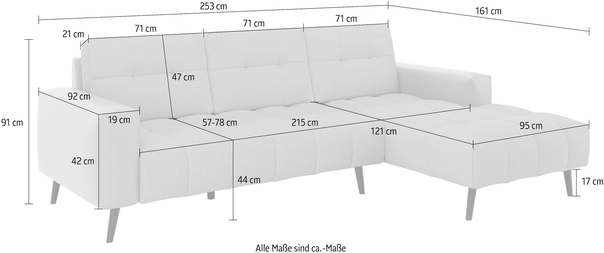 INOSIGN Ecksofa »SERINE mit Recamiere rechts/links bestellbar, Masse B/H/T 253/91/161 cm«, L-Form mit Wellenunterfederung, 3 Rückenkissen, ohne Bettfunktion