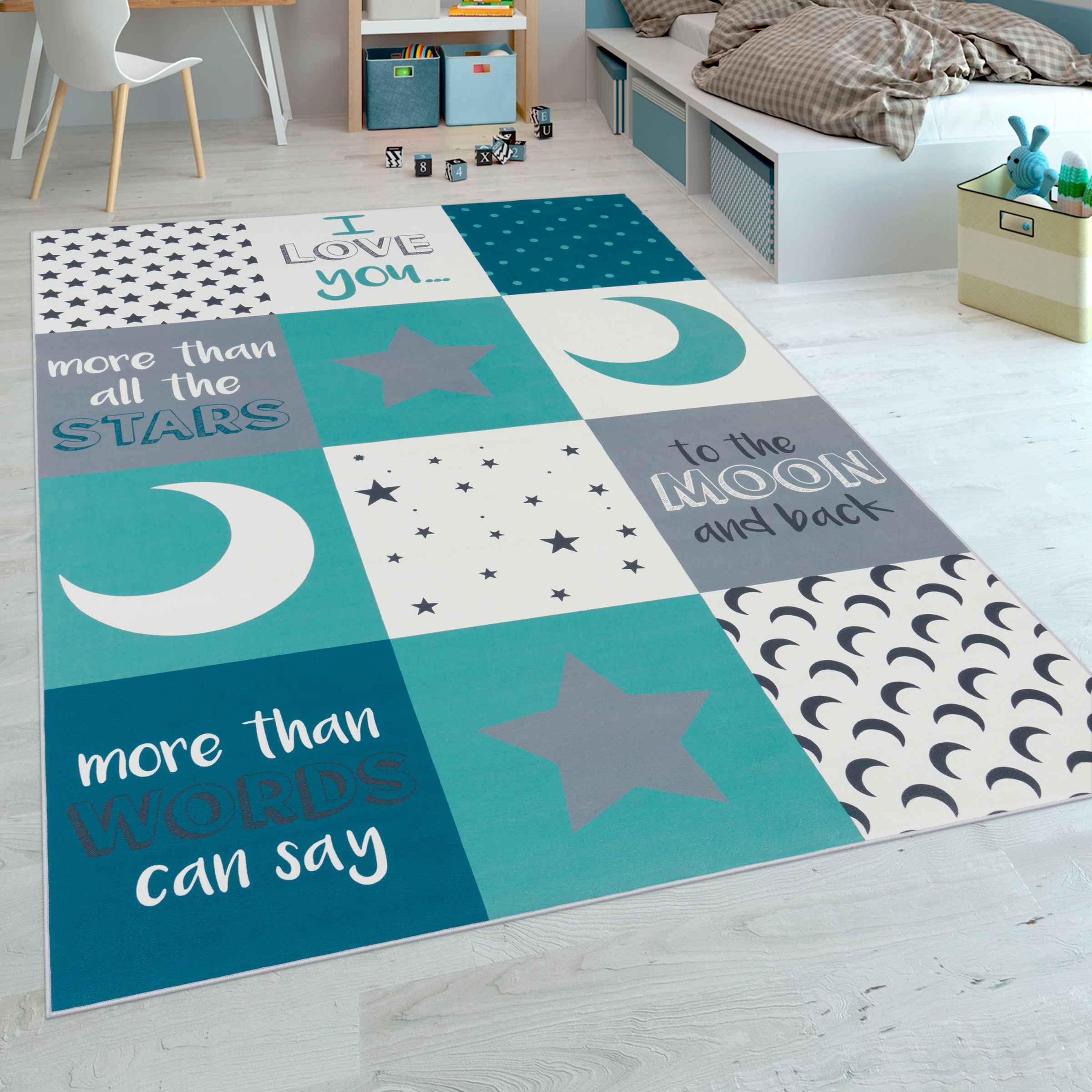 Image of Paco Home Kinderteppich "Aleyna 101" rechteckig 6 mm Höhe Kurzflor, Kinder Design, Motiv Mond & Sterne, Kinderzimmer