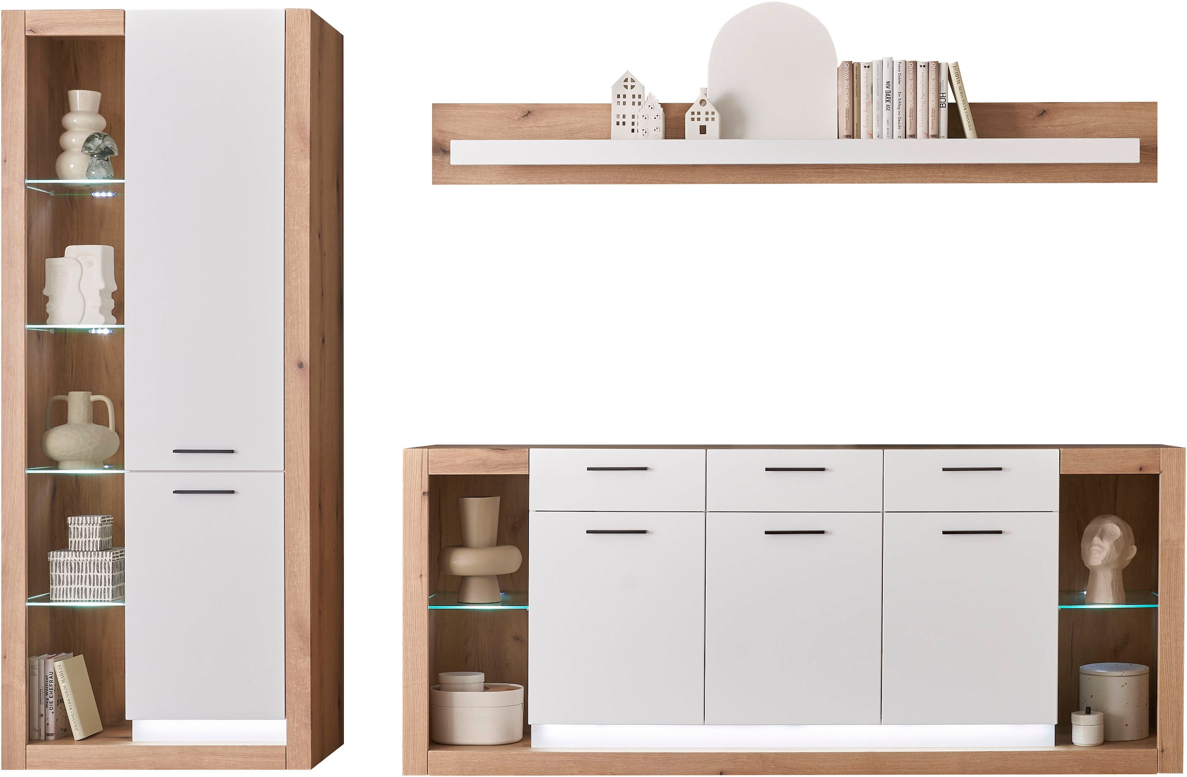 INOSIGN Wohnwand »Brixen, moderne Anbauwand, Wohnzimmer-Set, Eiche Evoke Dekor mit Weiss«, (Set, 3 St.), enthält Stauraumelement, Sideboard und Wandboard