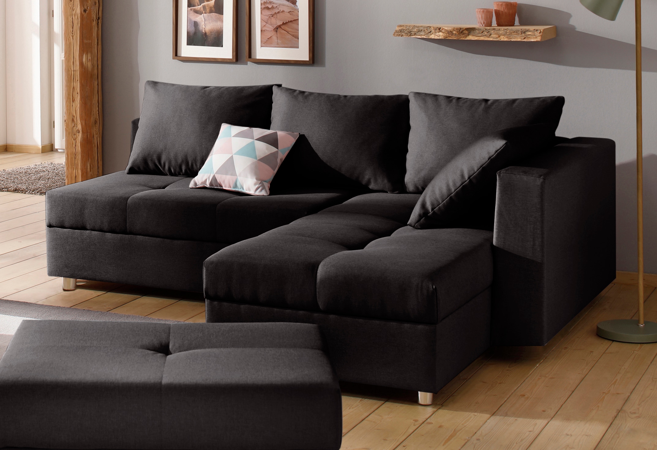 Home affaire Canapé d'angle »Italia L-Form, B: 217 cm« Fonction couchage, coffre de lit et 1 coussin décoratif, ressorts ensachés