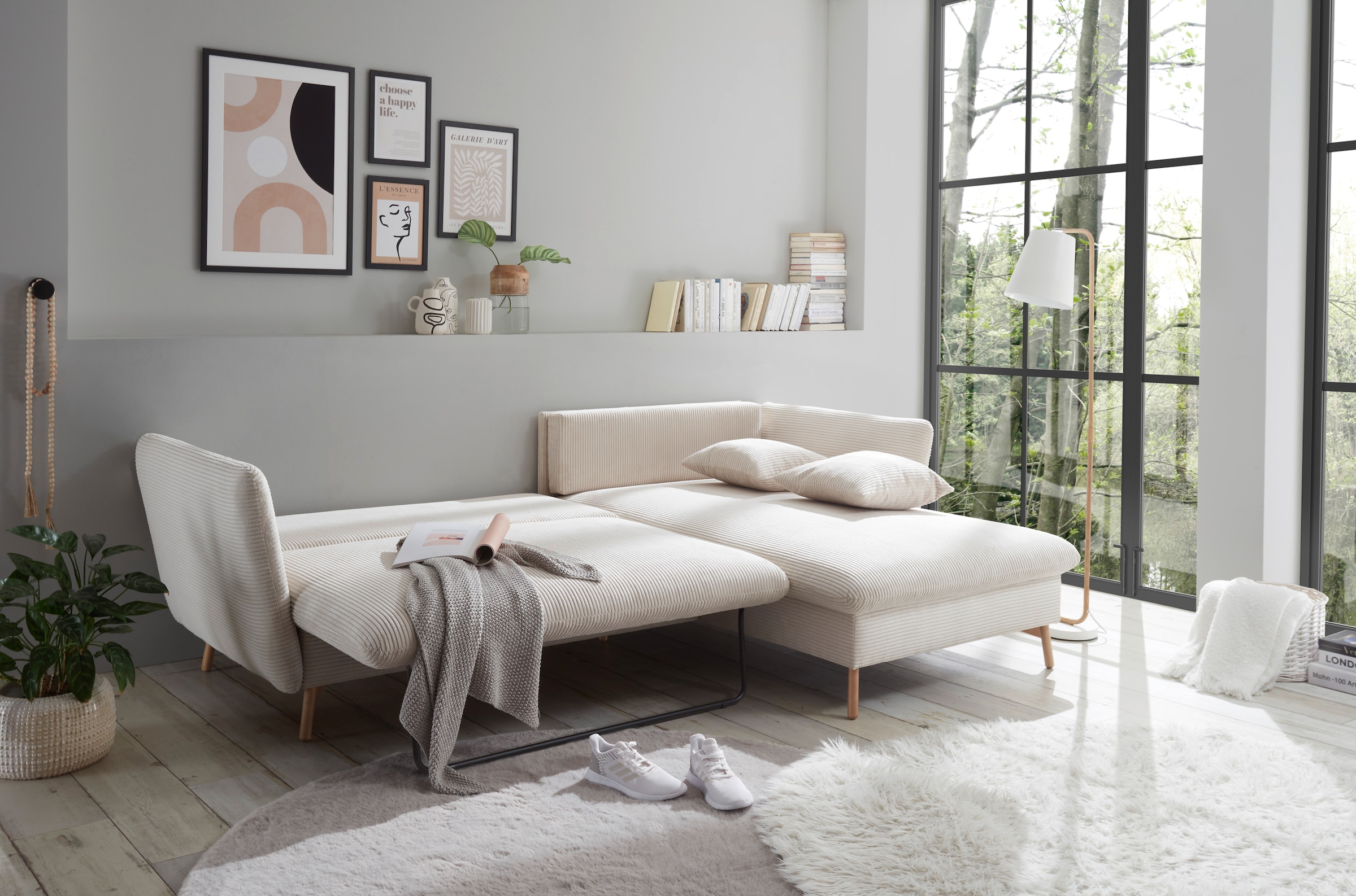andas Ecksofa »MERLE, 258 cm, L-Form, traumhafter Cord,«, mit Bettfunktion und Bettkasten, Liegefläche 224 x 139