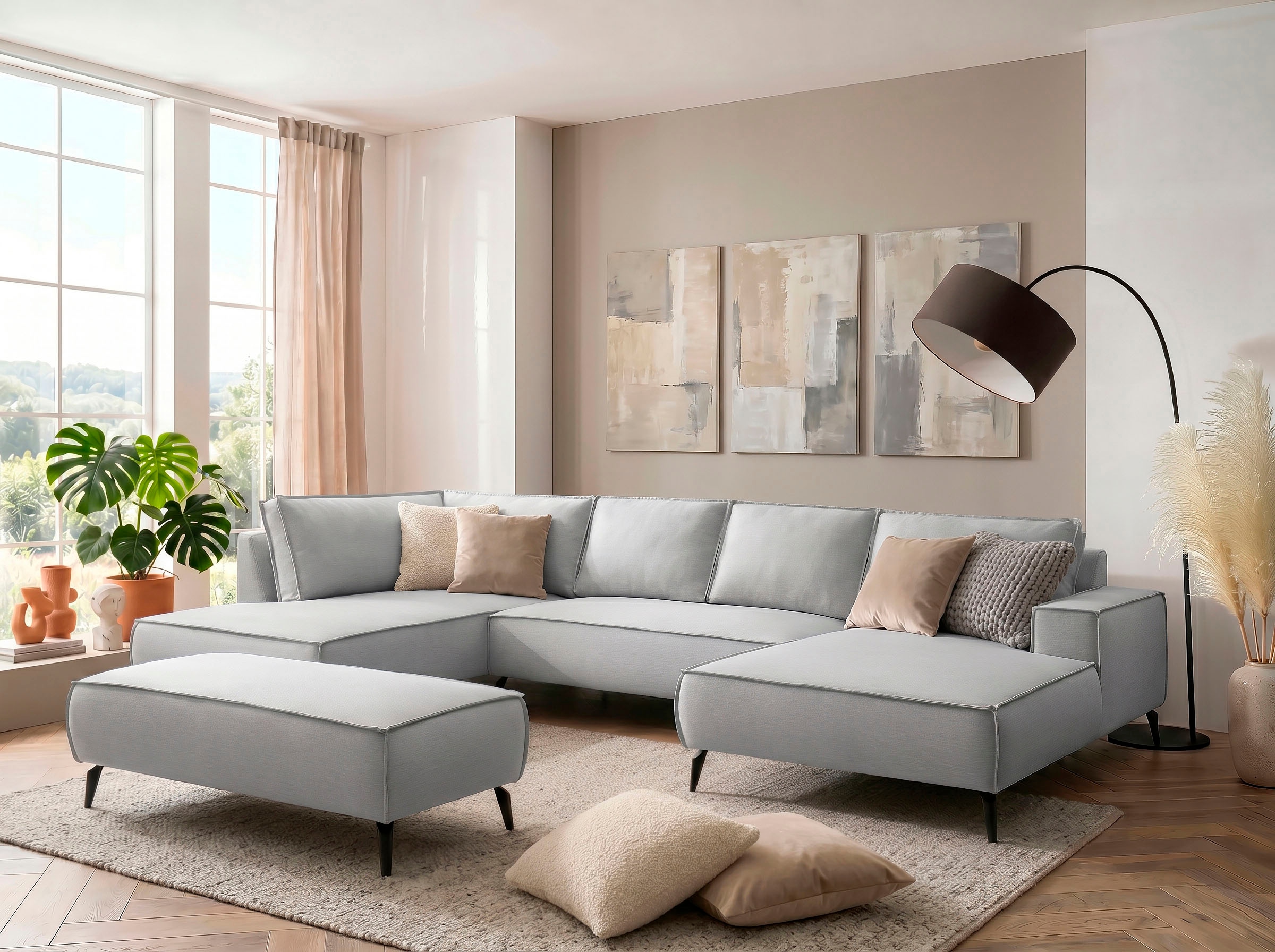 GOODproduct Wohnlandschaft »TVINNU Leinenoptik, 354, mit Hocker« Recamiere rechts/links, stellbar zum Schlafsofa (Krokodilverbinder)