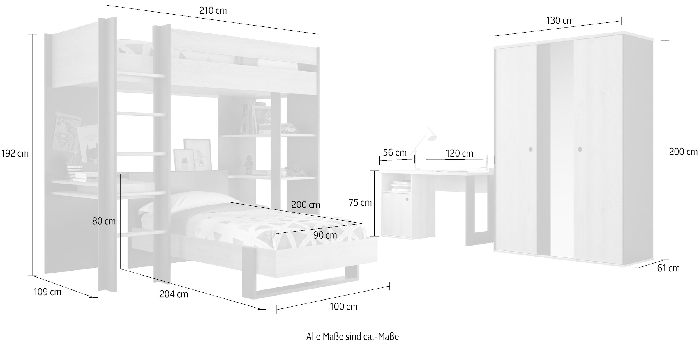 Gami Jugendzimmer-Set »Duplex«, (4 St., Bett, Kleiderschrank, Schreibtisch, Hochbett)