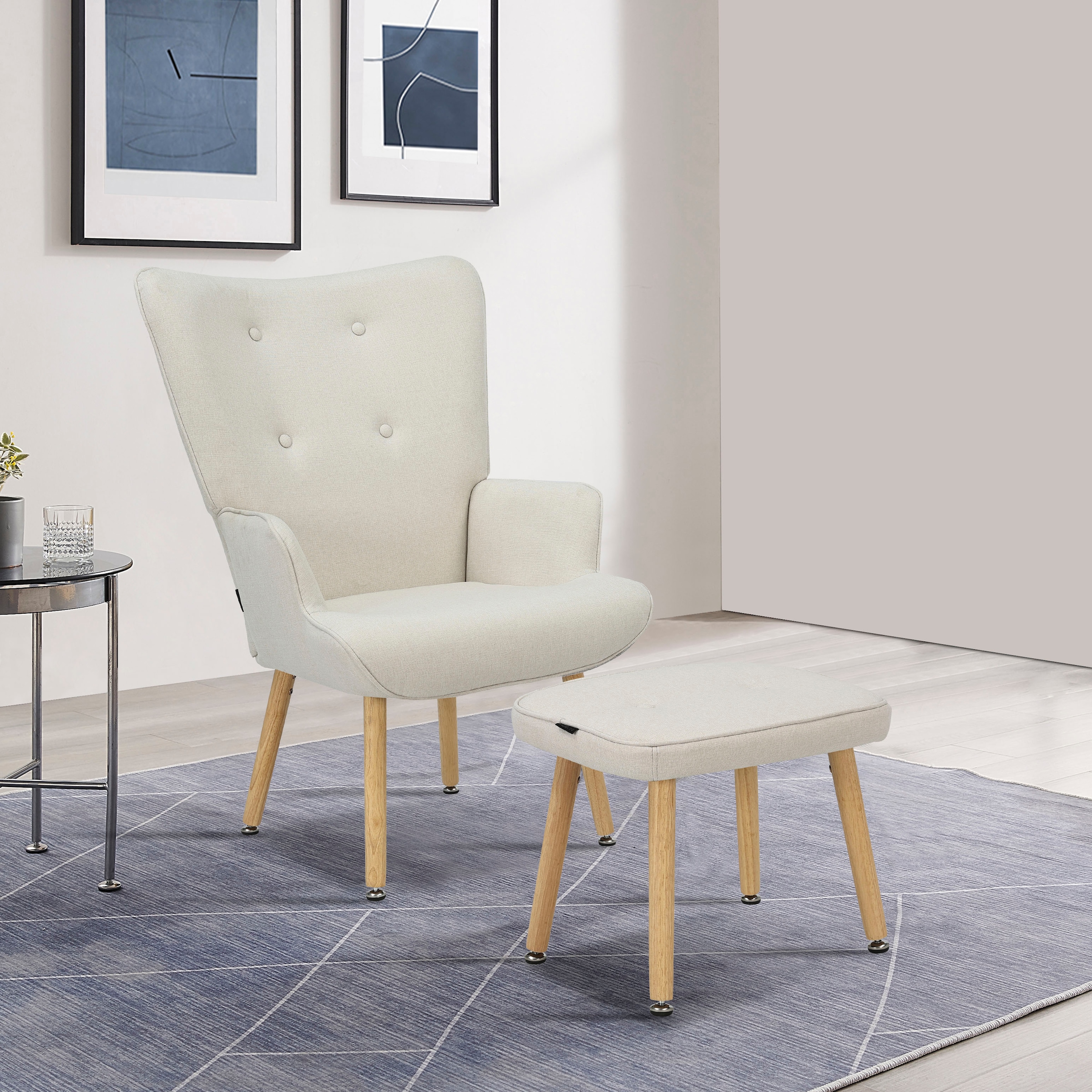 INOSIGN Ohrensessel »PERHAM, Sessel mit Hocker im Set, Knopfheftung, Massivholz-Füsse,«, komfortabler Relaxsessel und Sitz-Hocker mit Strukturbezug