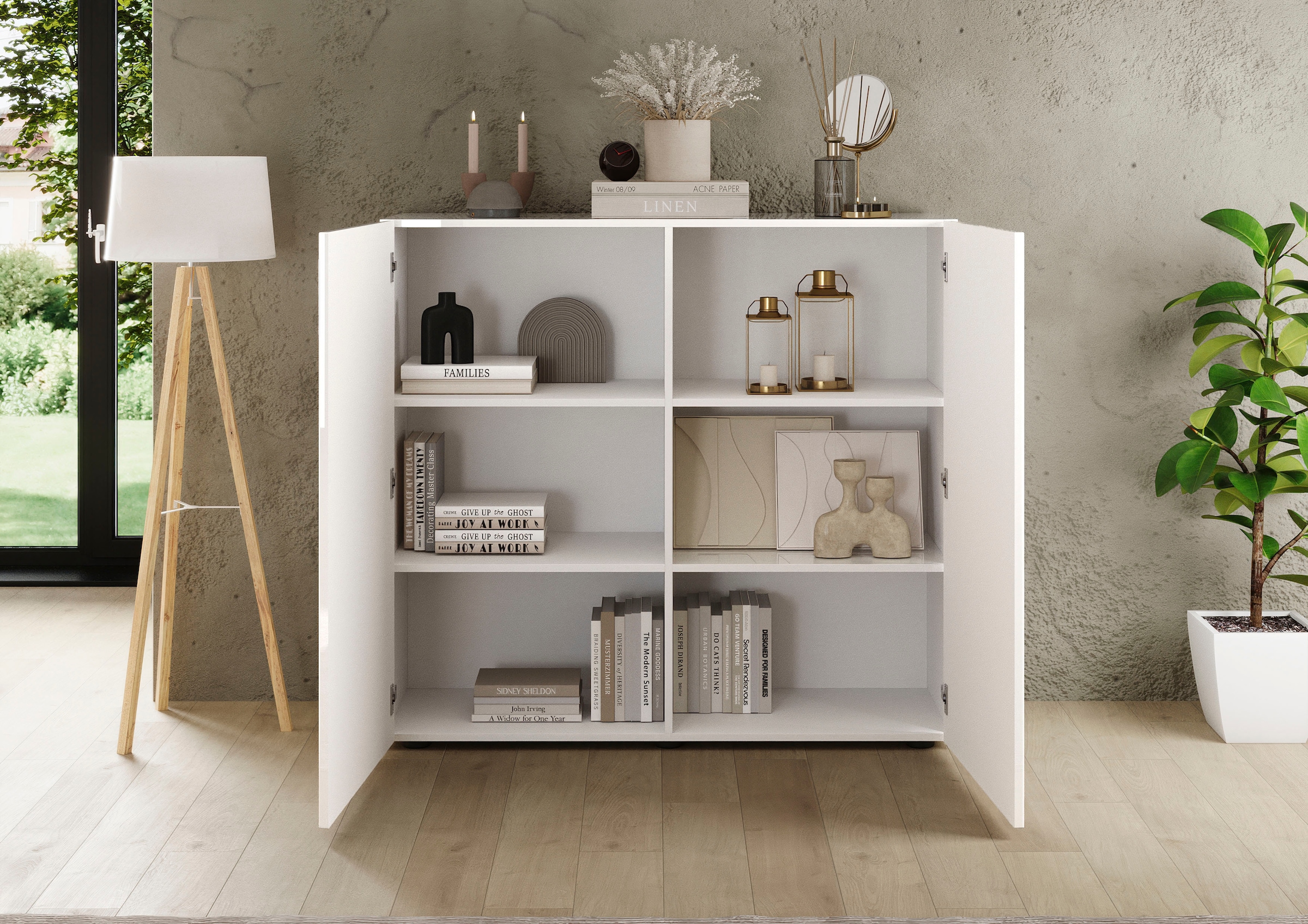 INOSIGN Highboard »Rio, Höhe 111 cm, Breite 120 cm, Stauraumschrank, Kommode, 2 Türen,«, geriffelte MDF-Fronten, modern u. elegant, viel Stauraum
