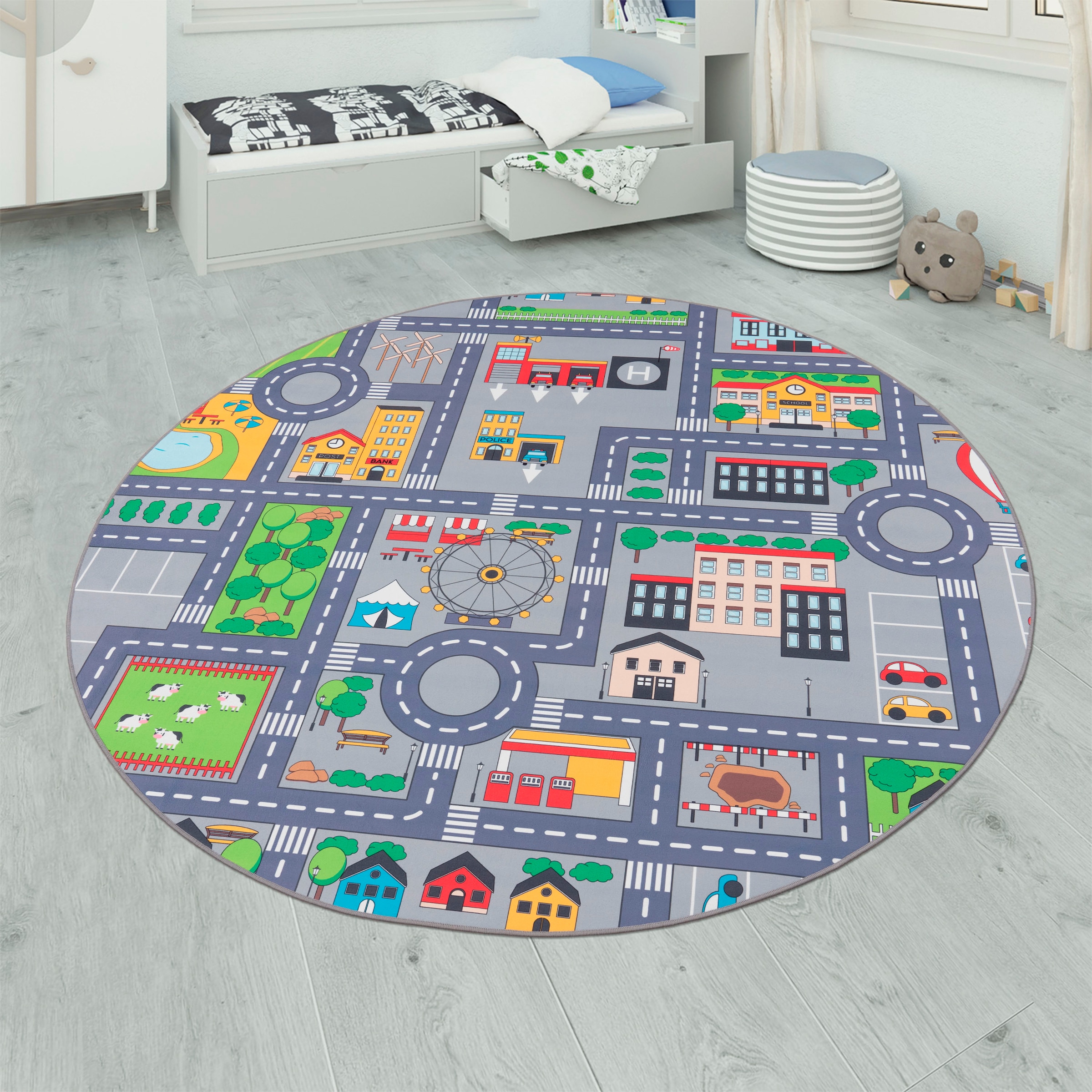 Image of Paco Home Kinderteppich "Bino 576" rund 4 mm Höhe Kurzflor, Strassen-Spiel-Teppich, rechteckig oder rund, Kinderzimmer