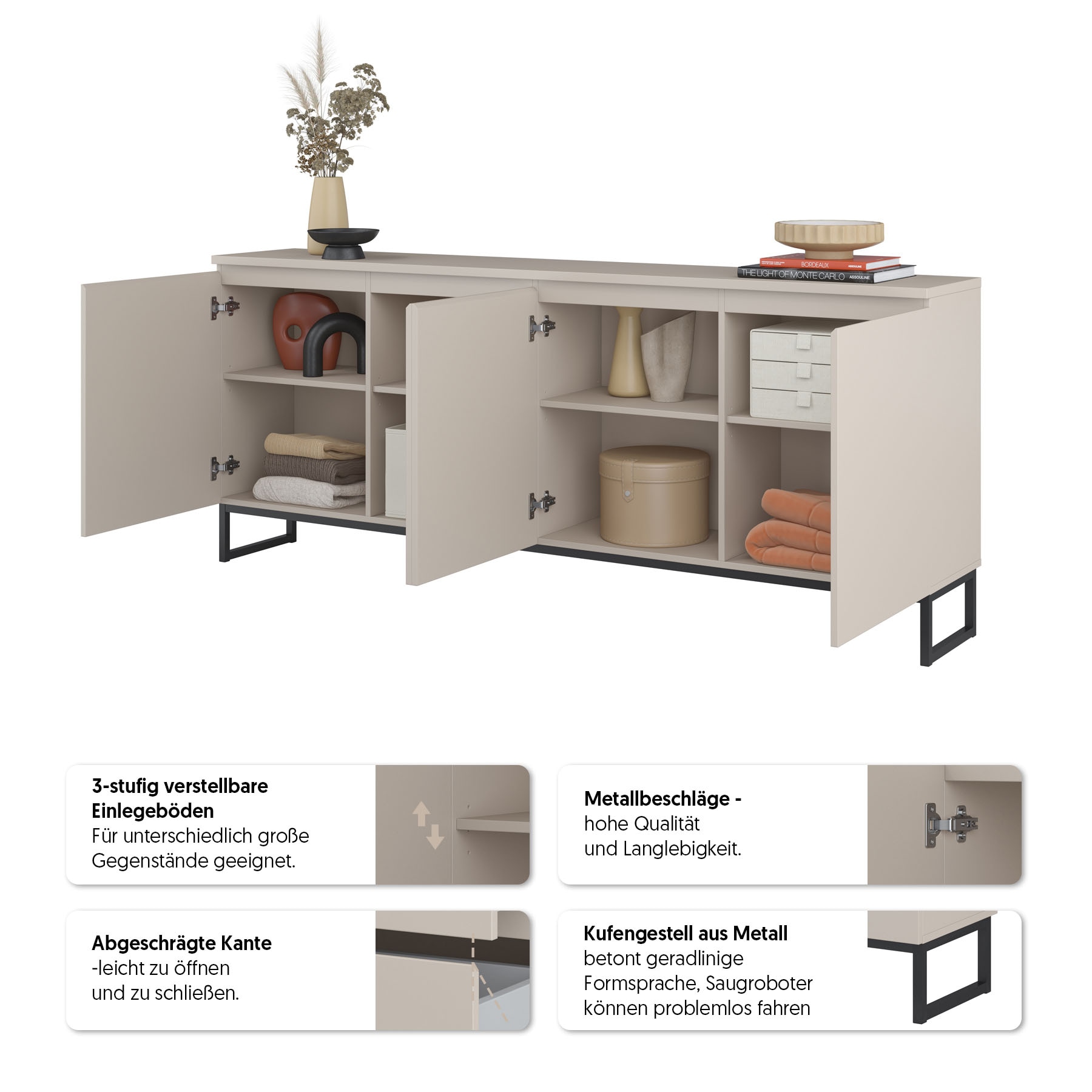 GOODproduct Sideboard »Modo II, Breite 200 cm, moderne grifflose Kommode 4Türen« Anrichte mit viel Stauraum, Einlegeböden verstellbar, Metallkufen