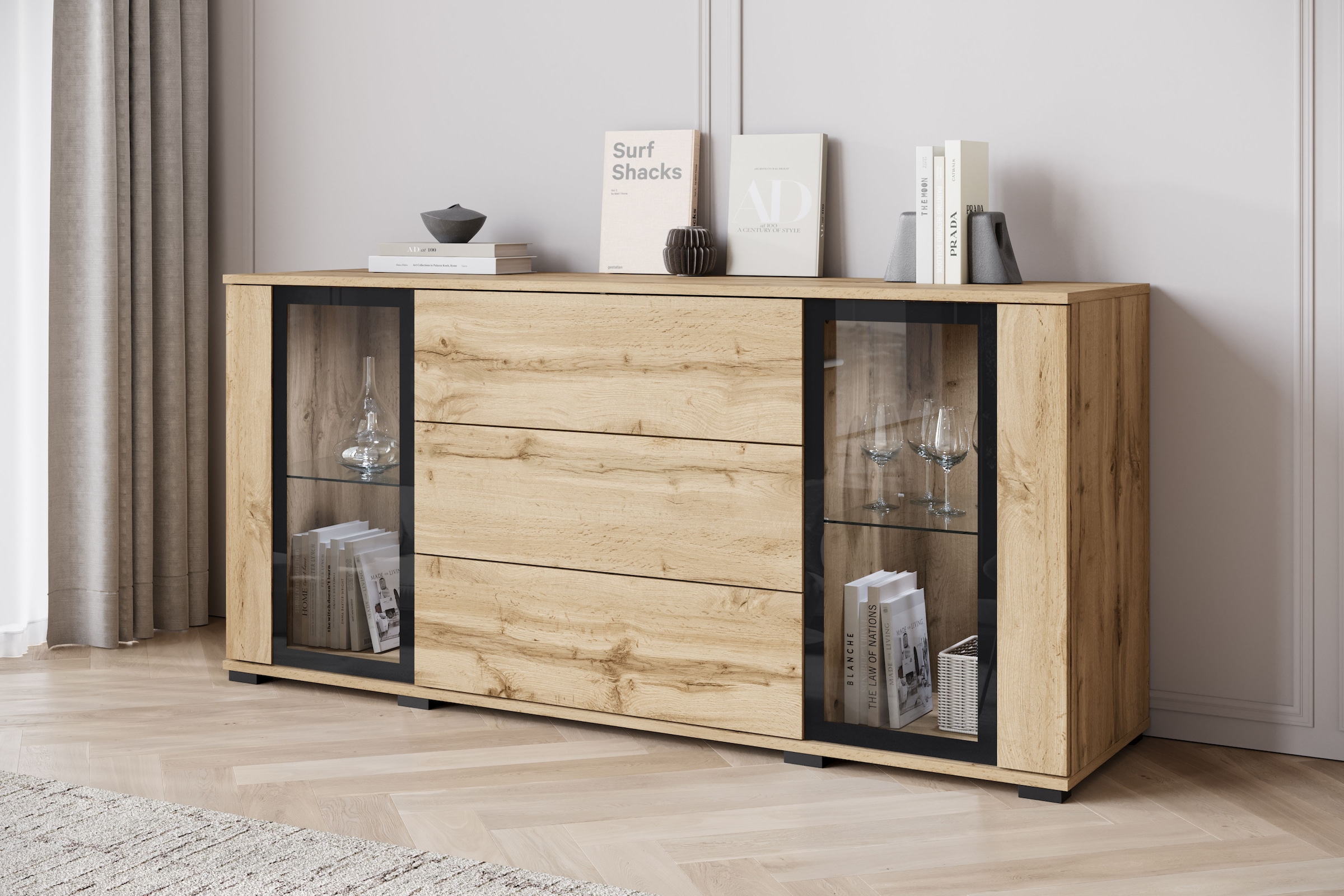 Home affaire Sideboard »modernes Design mit Glaseinsätzen und 3 Schubladen, Breite 150 cm« 1 Stk. tlg. Grifflose Fronten mit Push-to-Open, höhenverstellbare Einlegeböden,